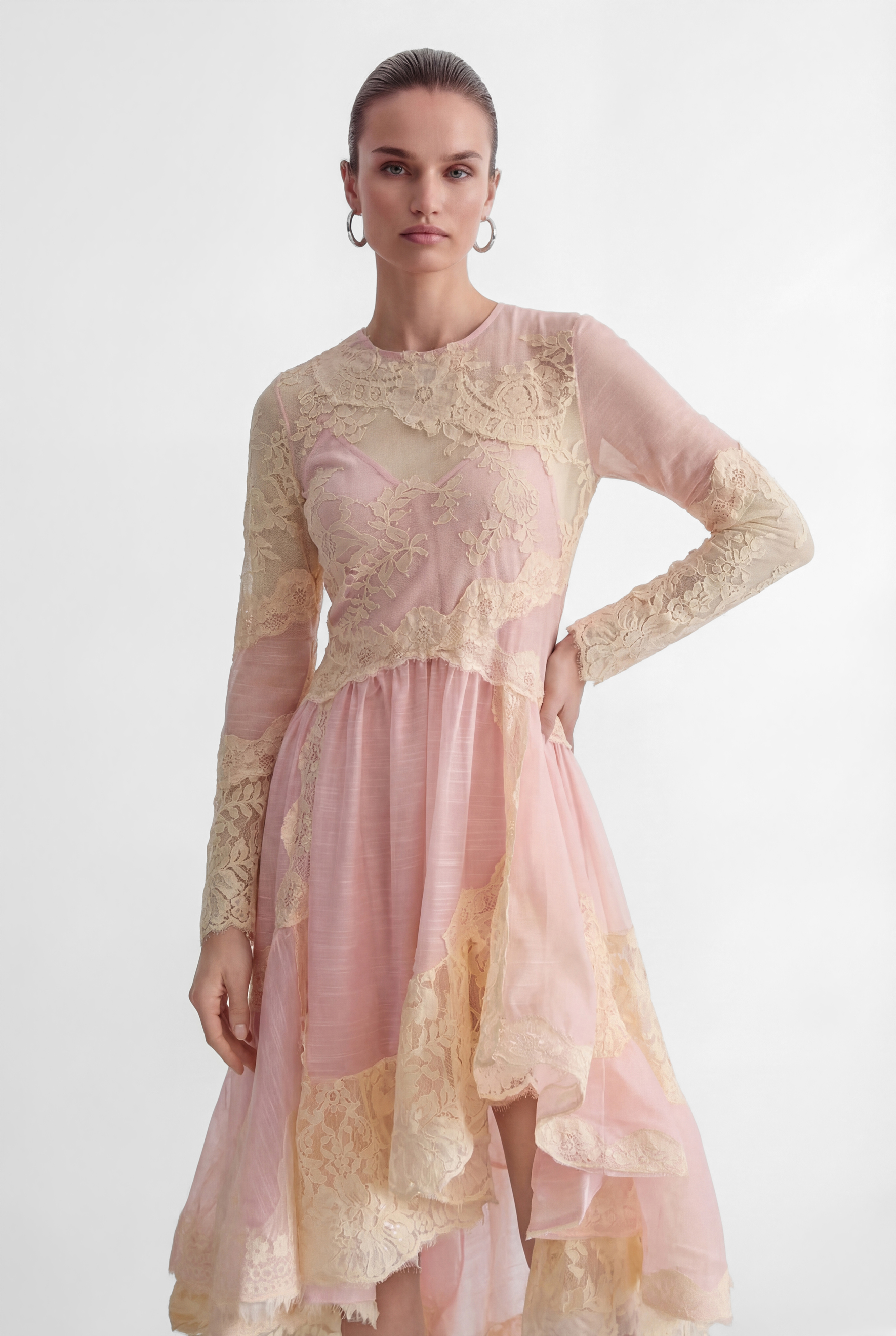 Sunlit Blossom Pink Embroidered Lace High Low Maxi Dress