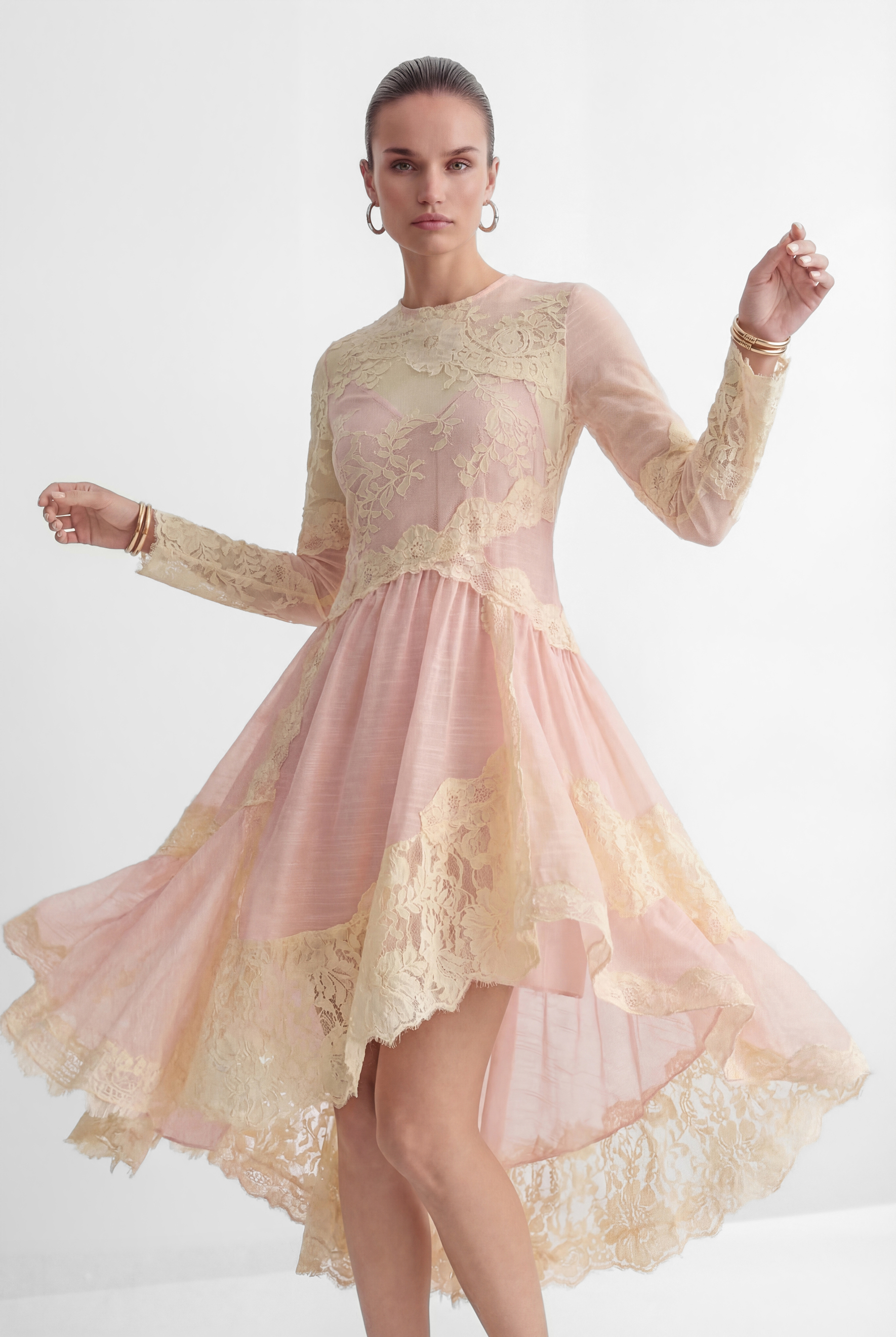 Sunlit Blossom Pink Embroidered Lace High Low Maxi Dress