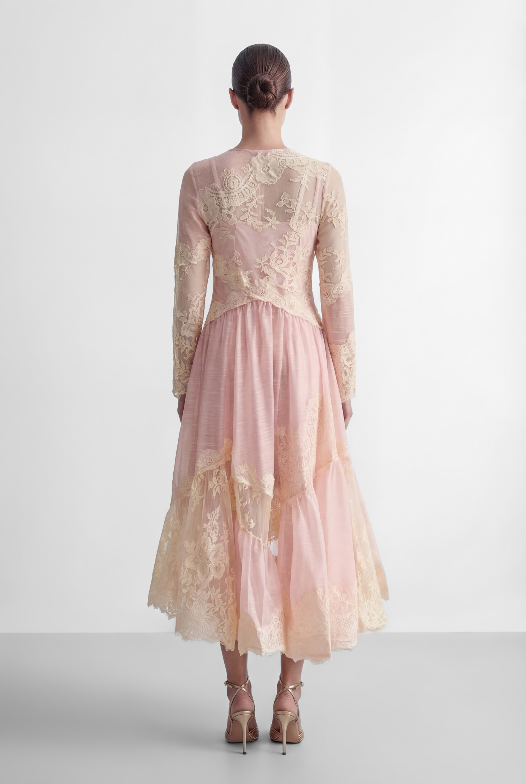 Sunlit Blossom Pink Embroidered Lace High Low Maxi Dress