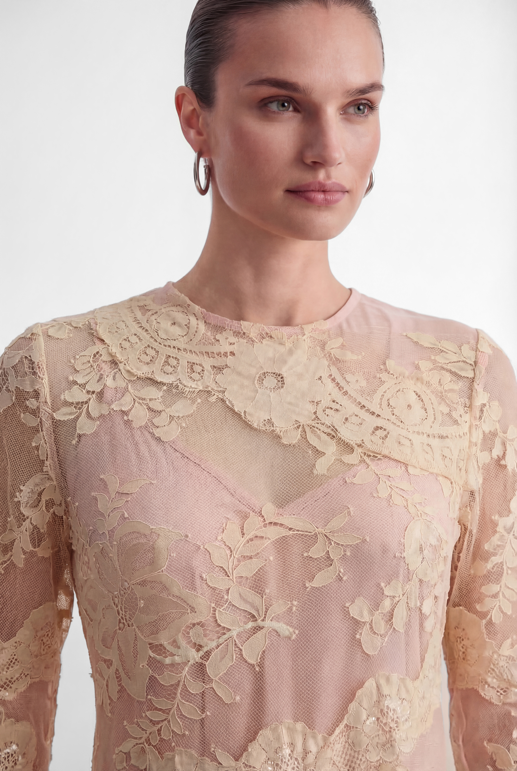 Sunlit Blossom Pink Embroidered Lace High Low Maxi Dress