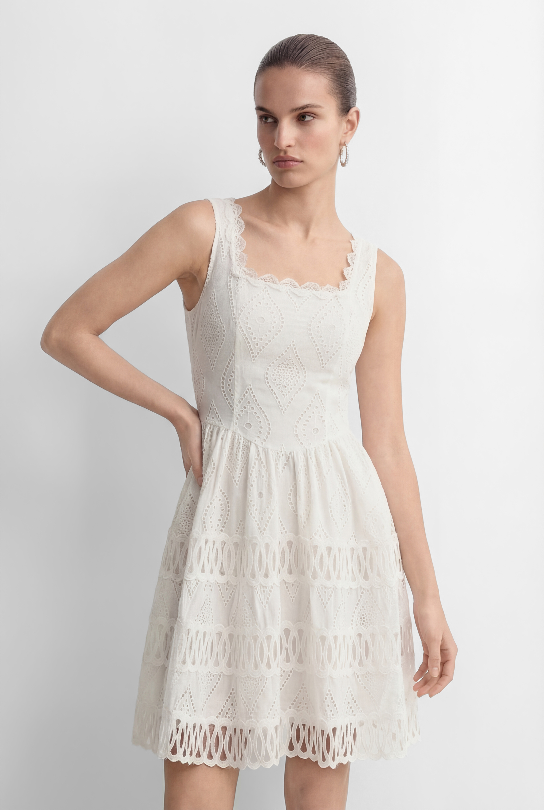 Sleek Essence White Sleeveless Embroidery Lace Mini Dress