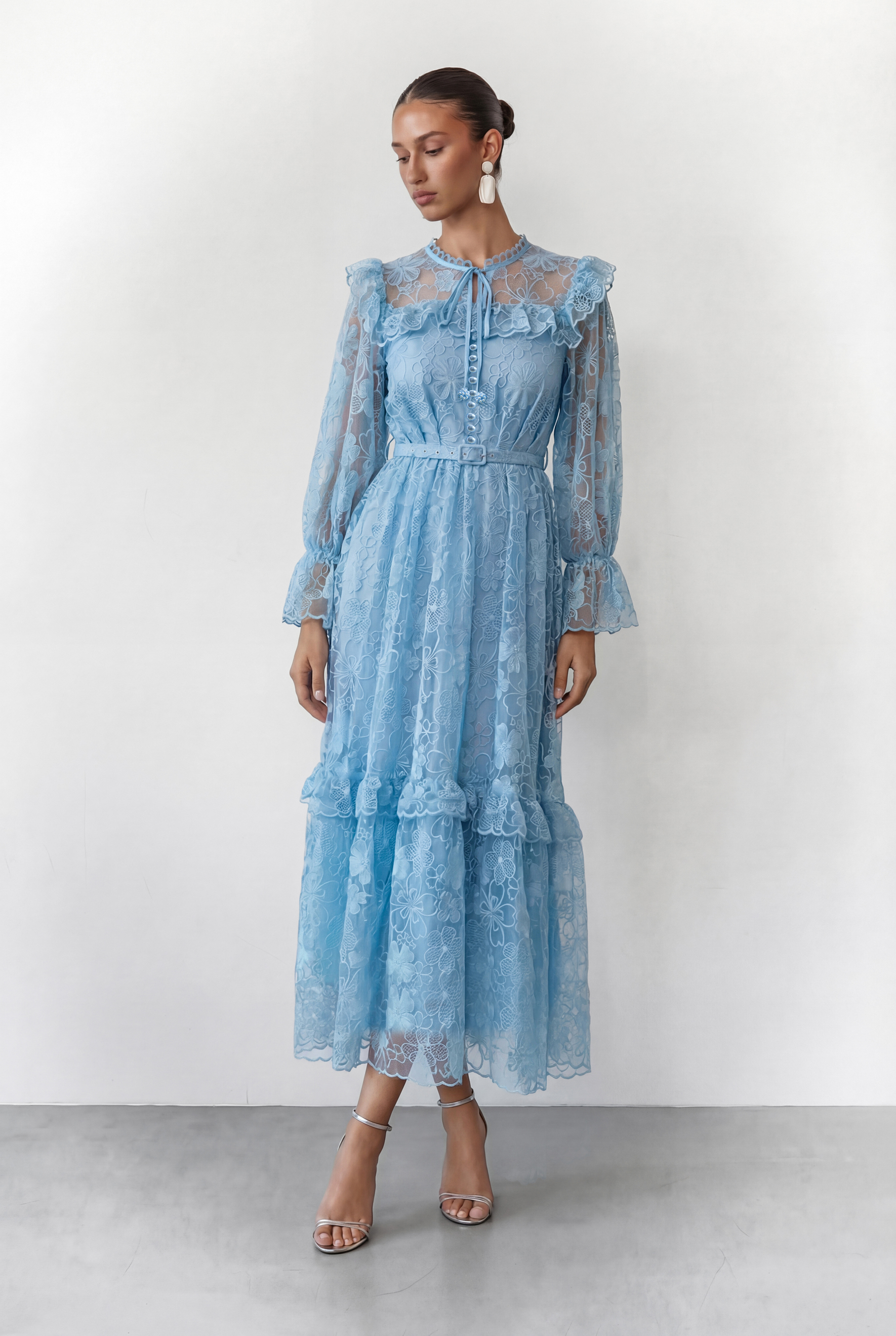 Dreamlight Glow Blue Floral Lace Tiered Ruffle Maxi Dress