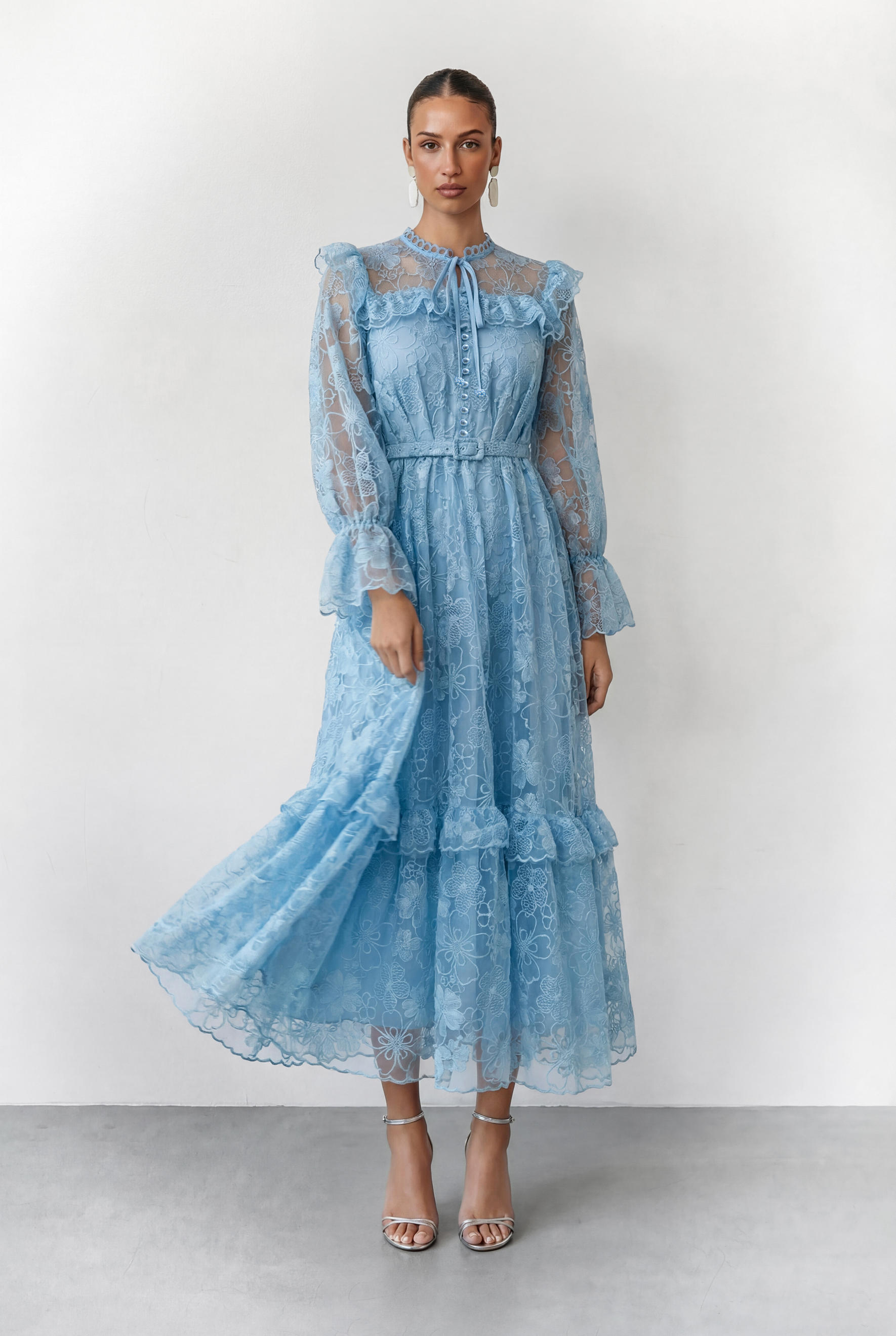 Dreamlight Glow Blue Floral Lace Tiered Ruffle Maxi Dress