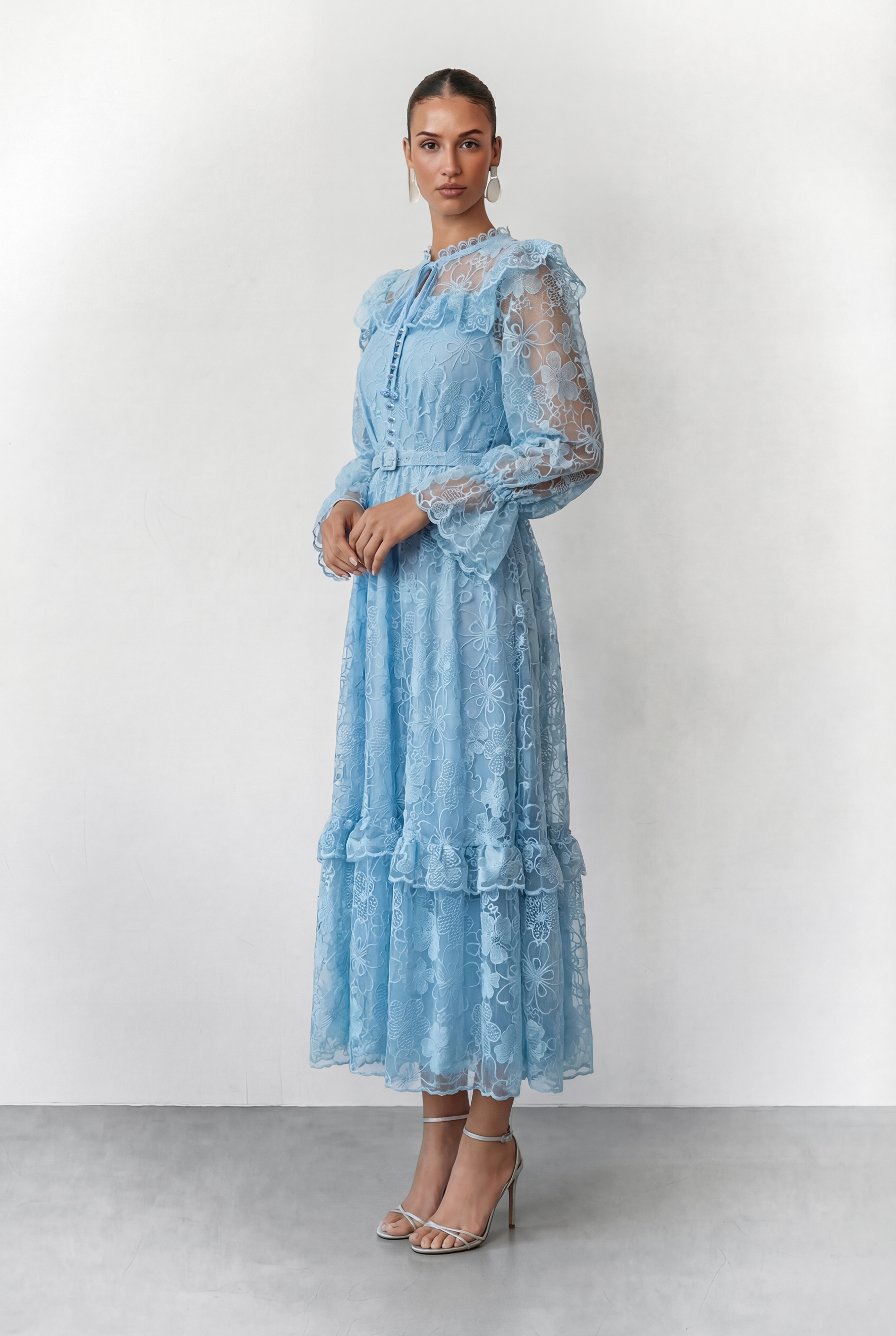 Dreamlight Glow Blue Floral Lace Tiered Ruffle Maxi Dress