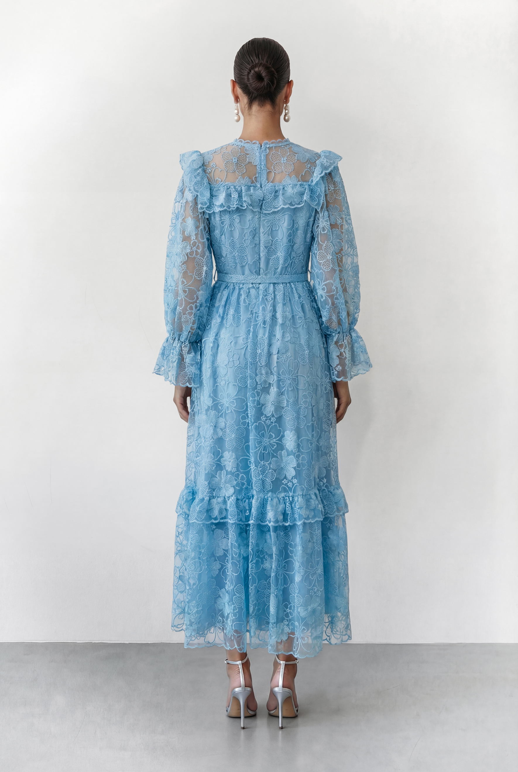 Dreamlight Glow Blue Floral Lace Tiered Ruffle Maxi Dress