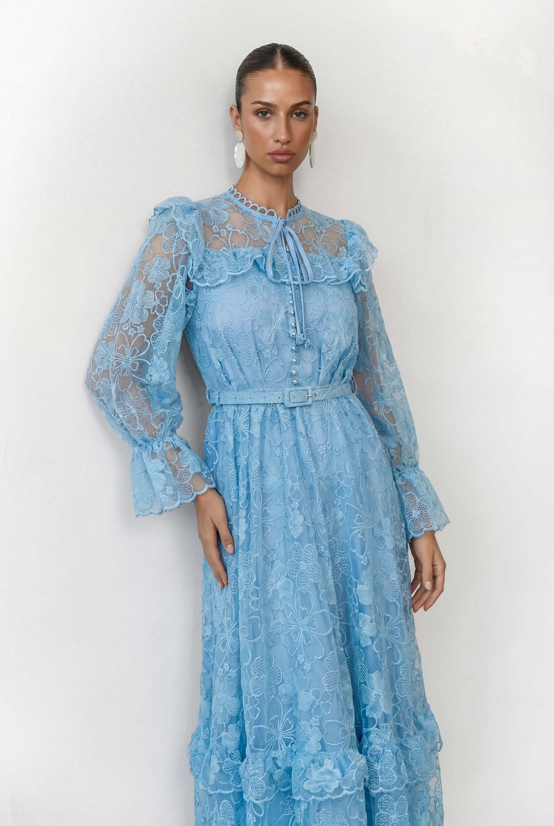 Dreamlight Glow Blue Floral Lace Tiered Ruffle Maxi Dress