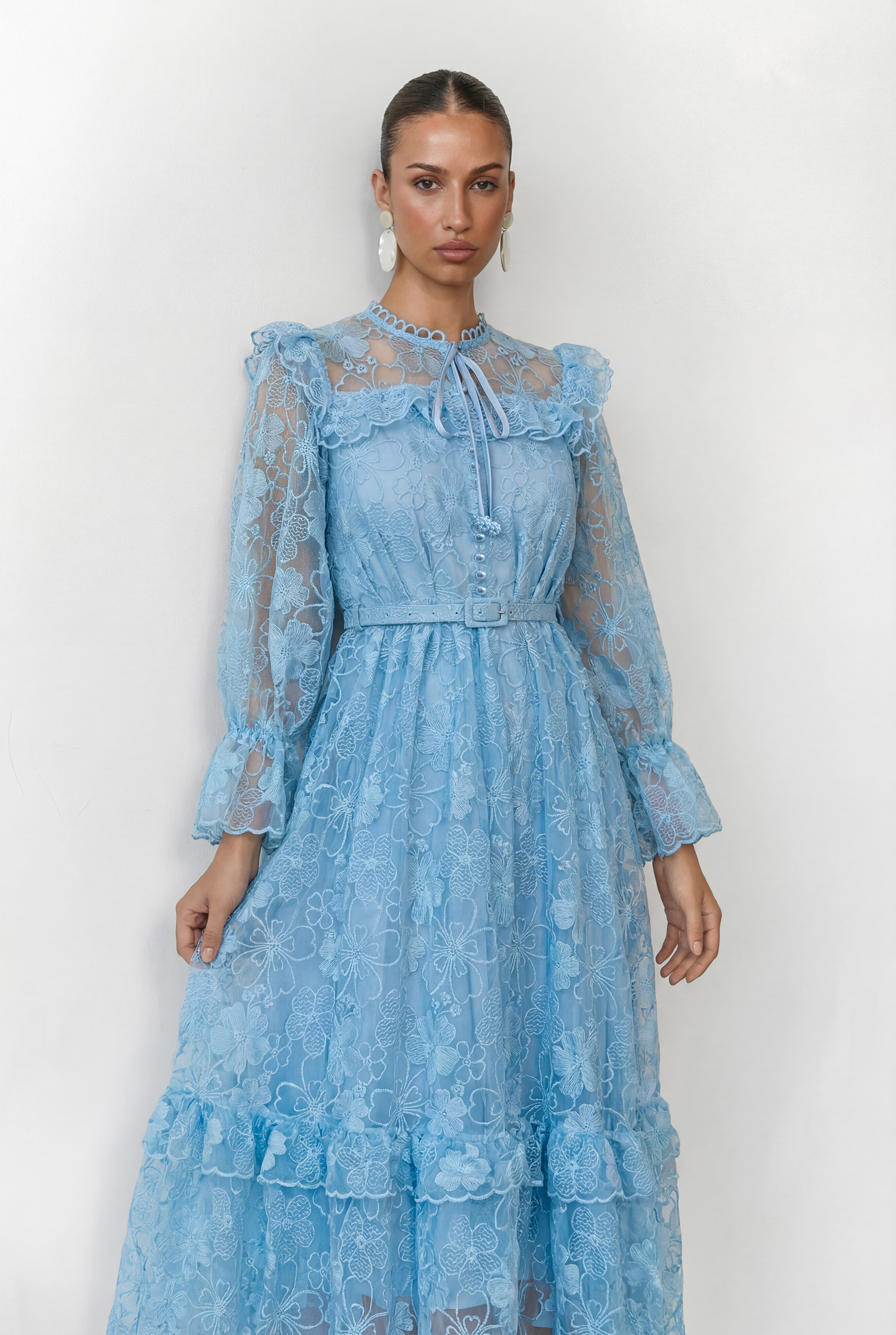 Dreamlight Glow Blue Floral Lace Tiered Ruffle Maxi Dress