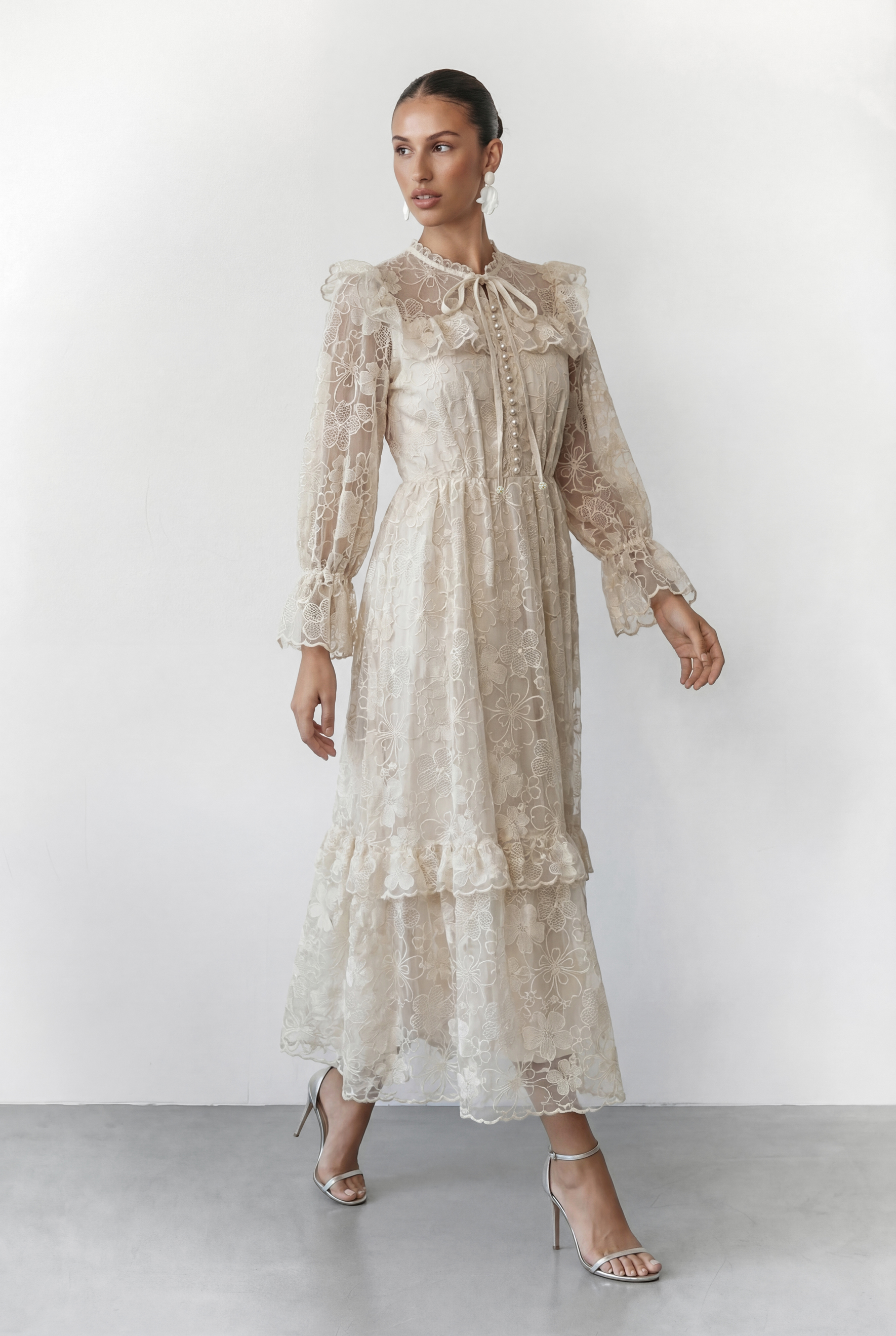 Floral Dream Beige Lace Embroidered Tiered Ruffle Maxi Dress