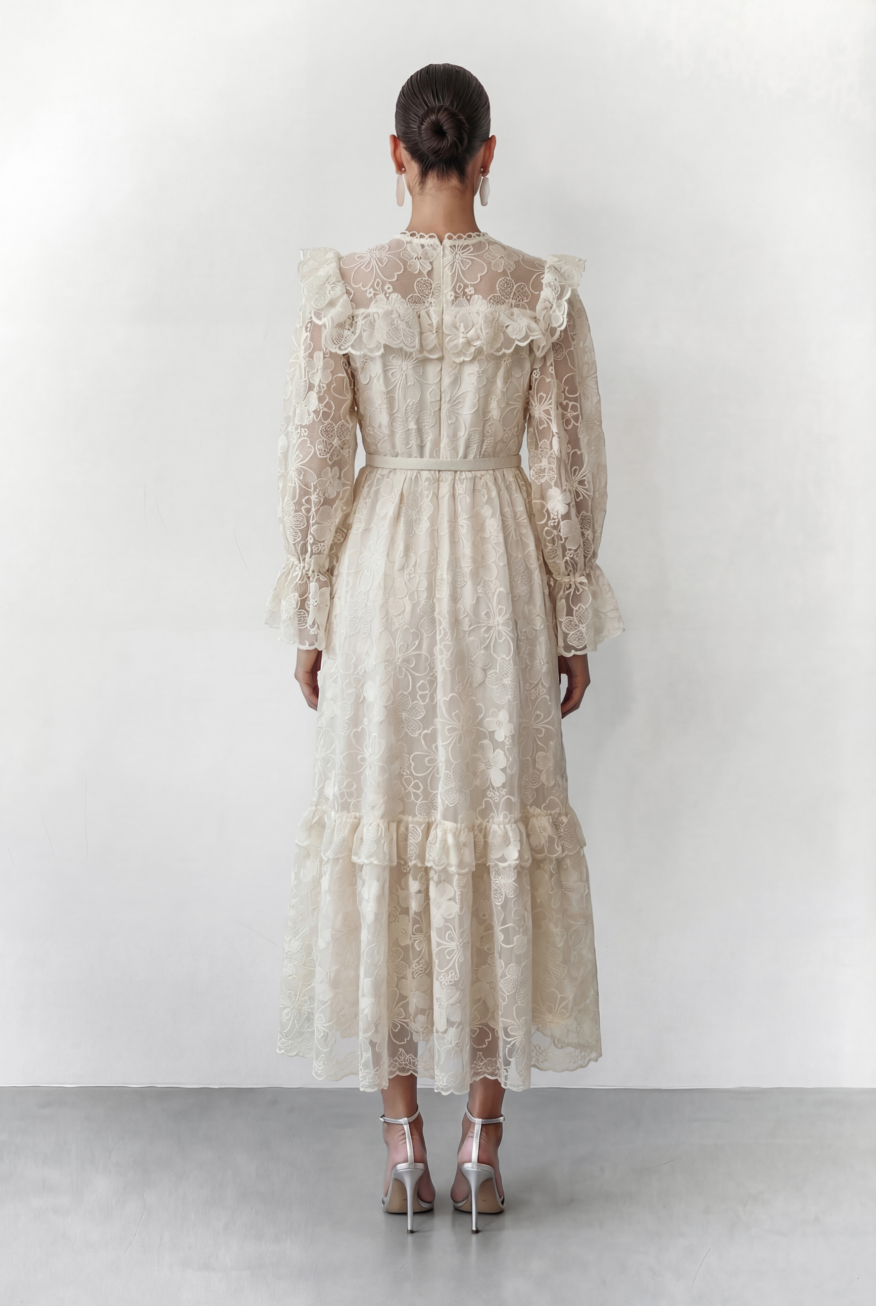 Floral Dream Beige Lace Embroidered Tiered Ruffle Maxi Dress