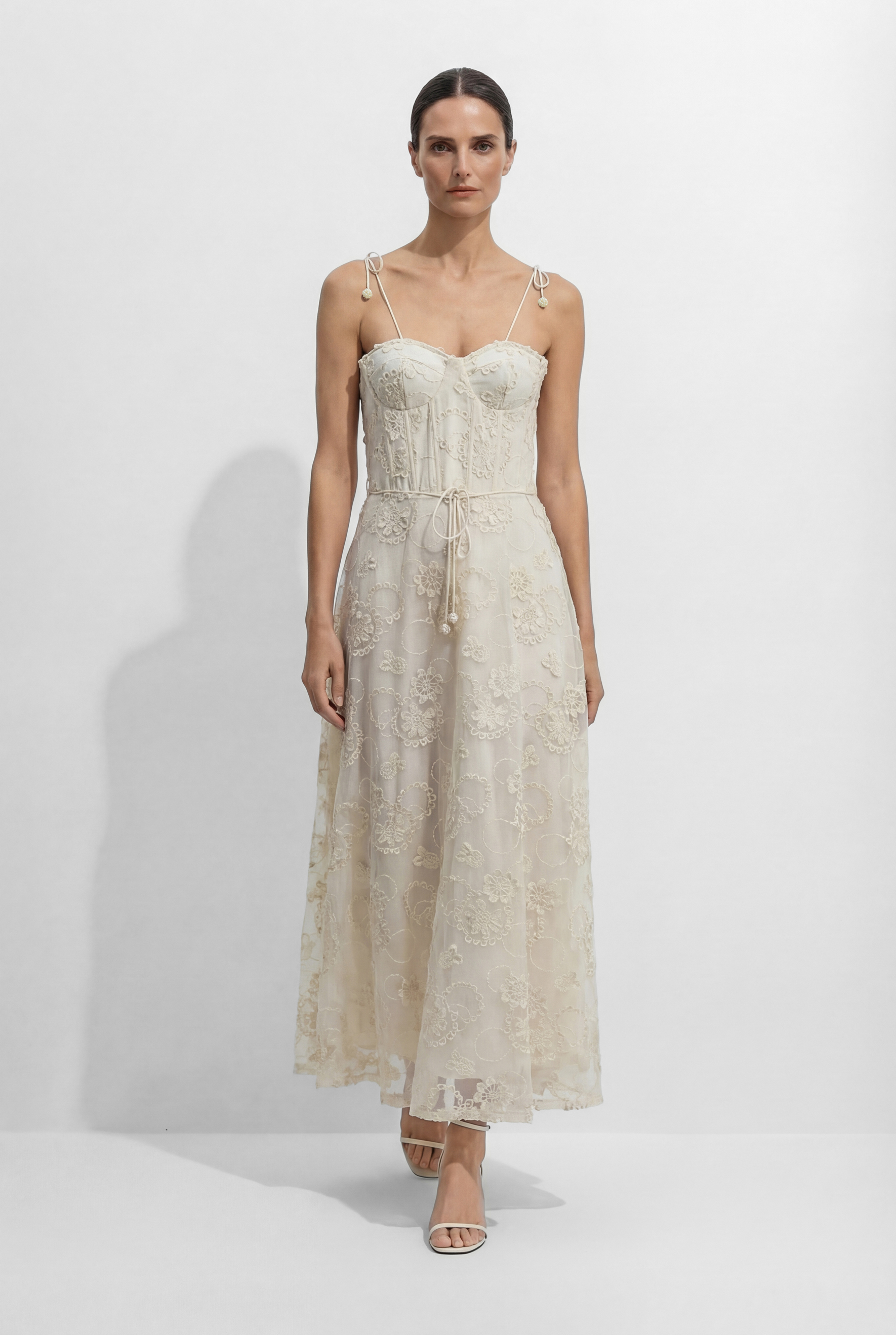 Serenade In The Sun Beige Floral Lace Spaghetti Strap Maxi Dress
