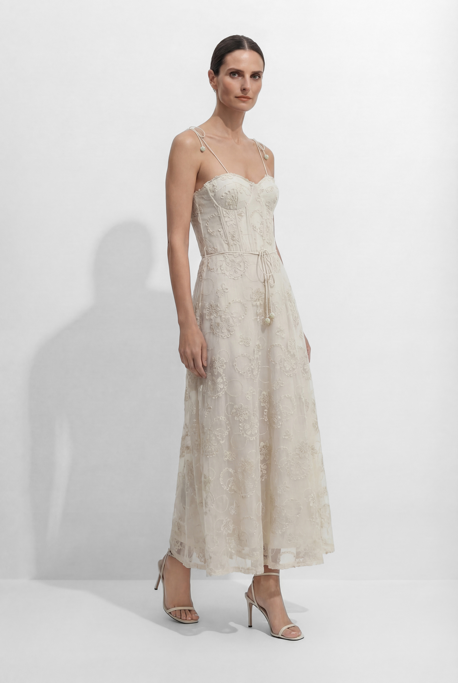 Serenade In The Sun Beige Floral Lace Spaghetti Strap Maxi Dress