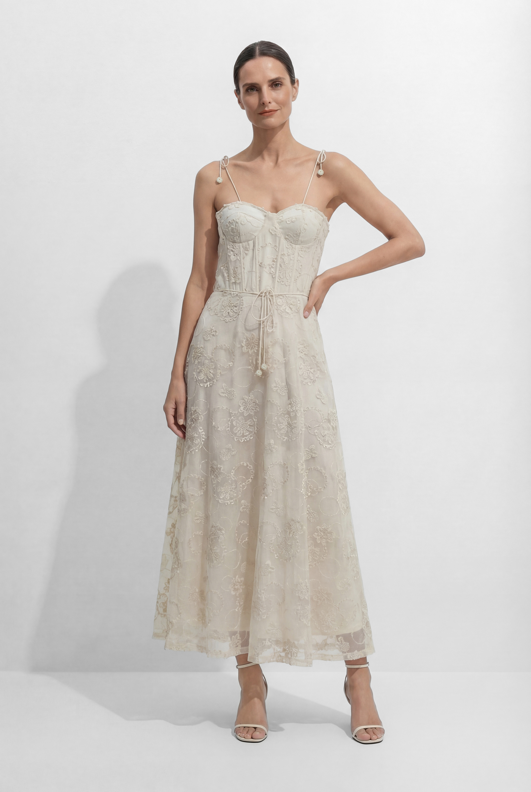 Serenade In The Sun Beige Floral Lace Spaghetti Strap Maxi Dress
