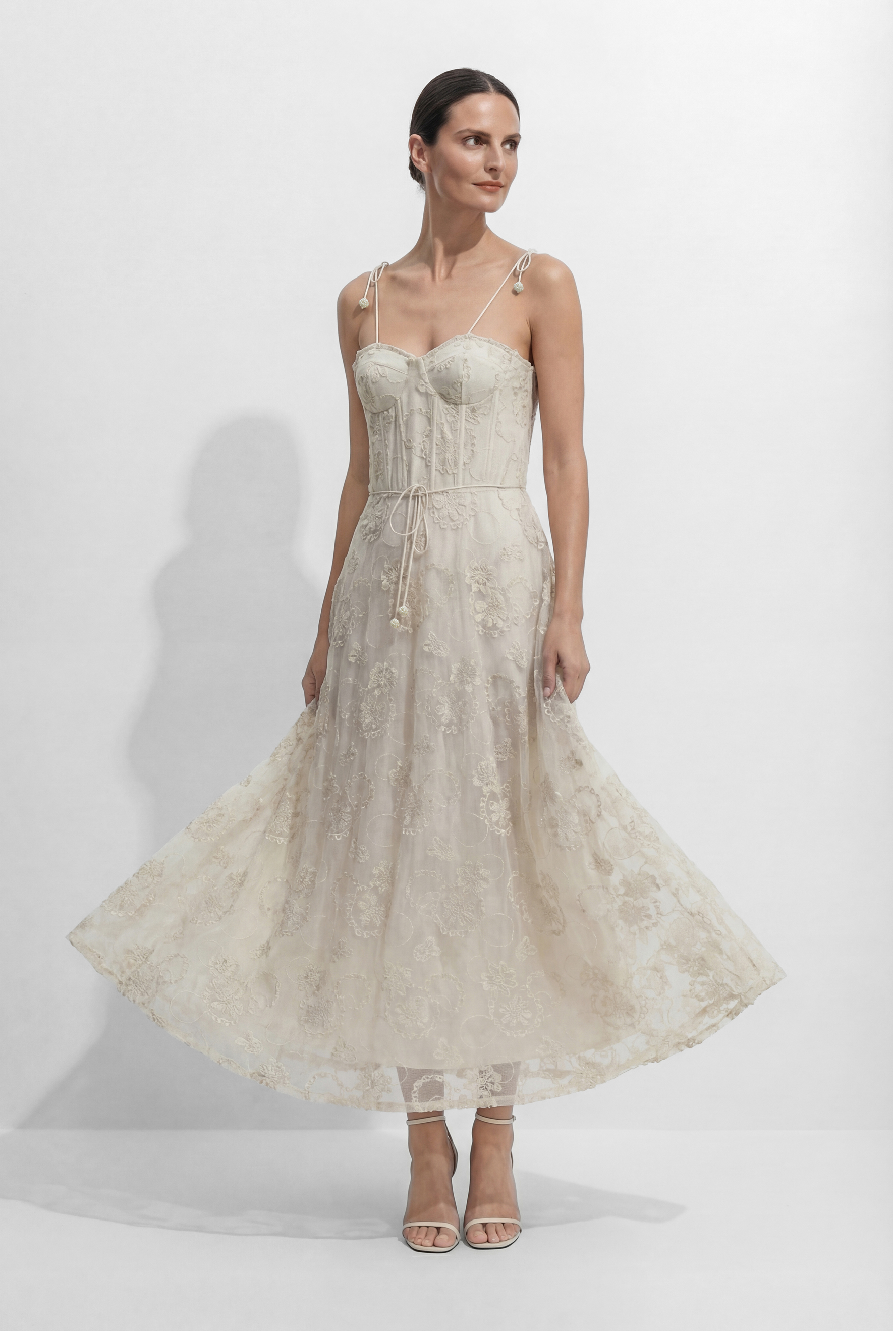 Serenade In The Sun Beige Floral Lace Spaghetti Strap Maxi Dress