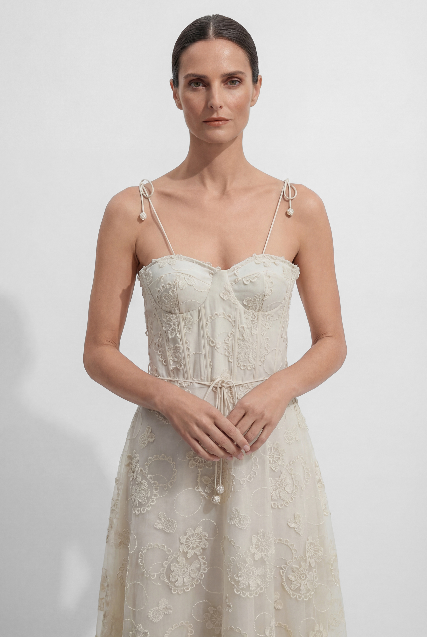 Serenade In The Sun Beige Floral Lace Spaghetti Strap Maxi Dress