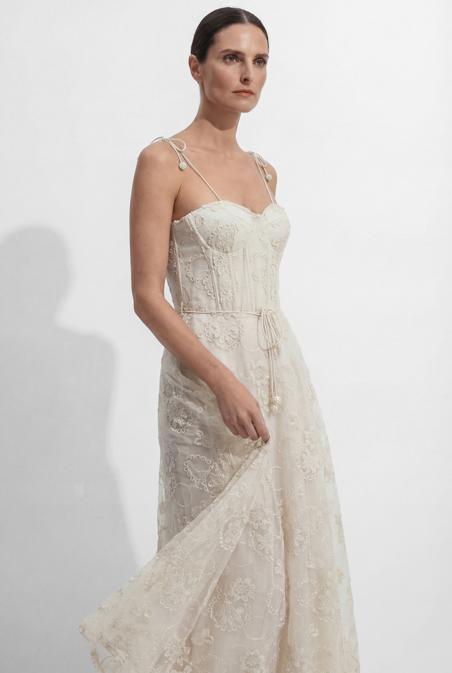 Serenade In The Sun Beige Floral Lace Spaghetti Strap Maxi Dress