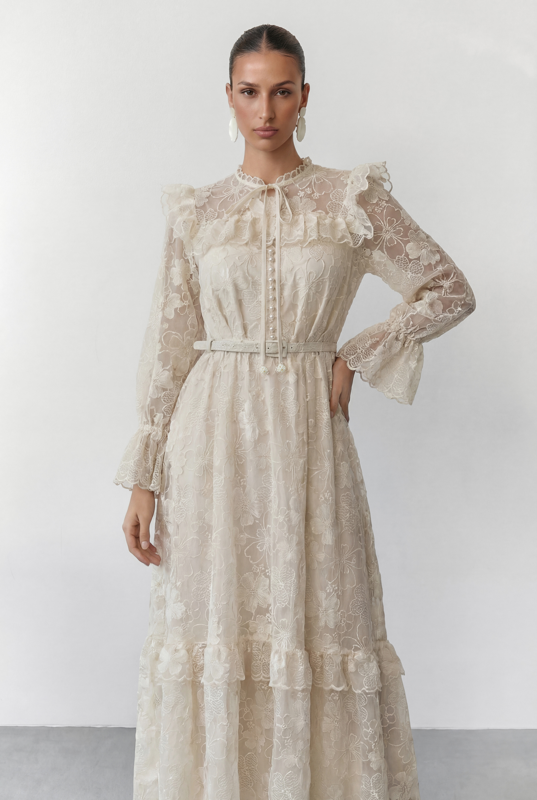 Floral Dream Beige Lace Embroidered Tiered Ruffle Maxi Dress