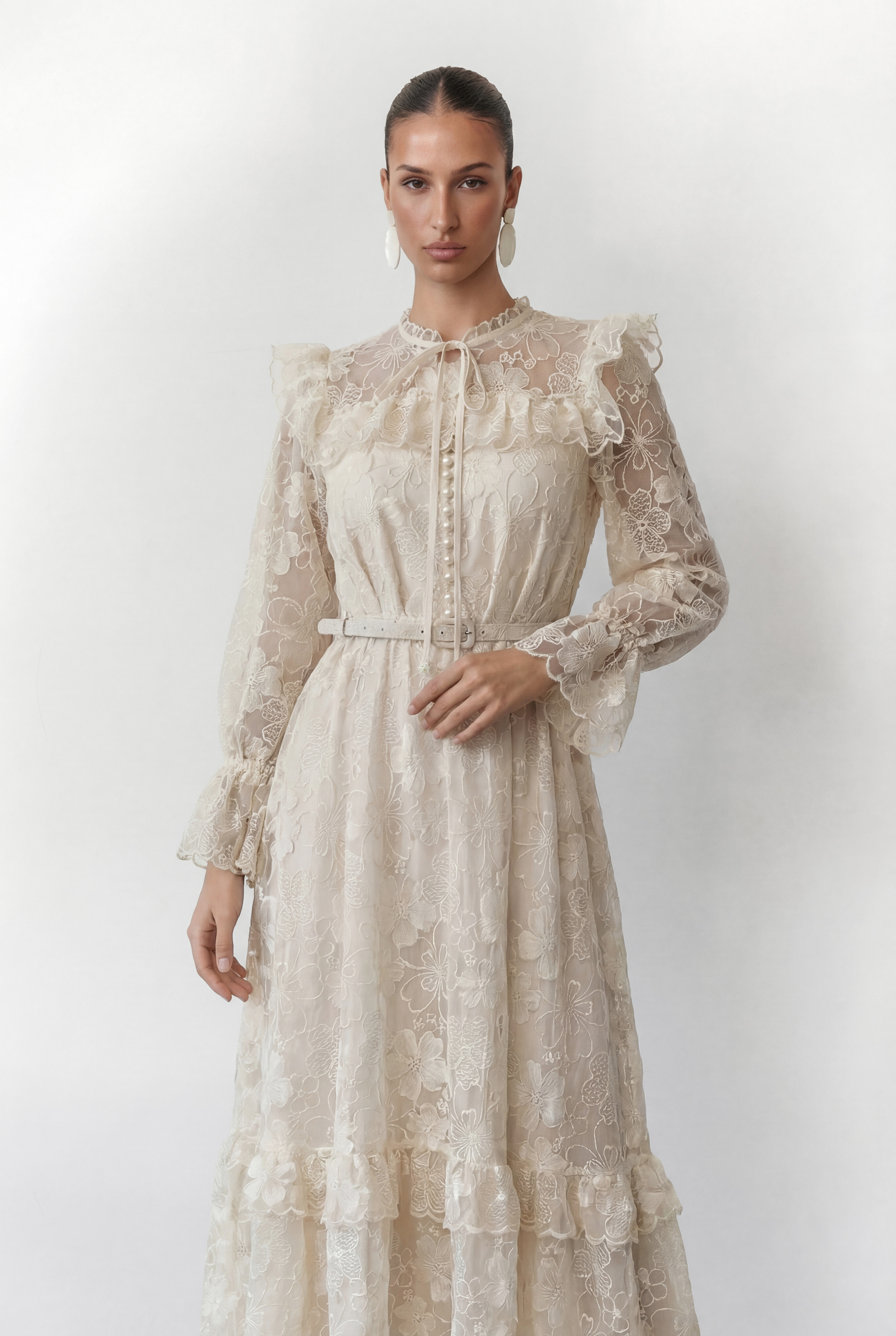 Floral Dream Beige Lace Embroidered Tiered Ruffle Maxi Dress