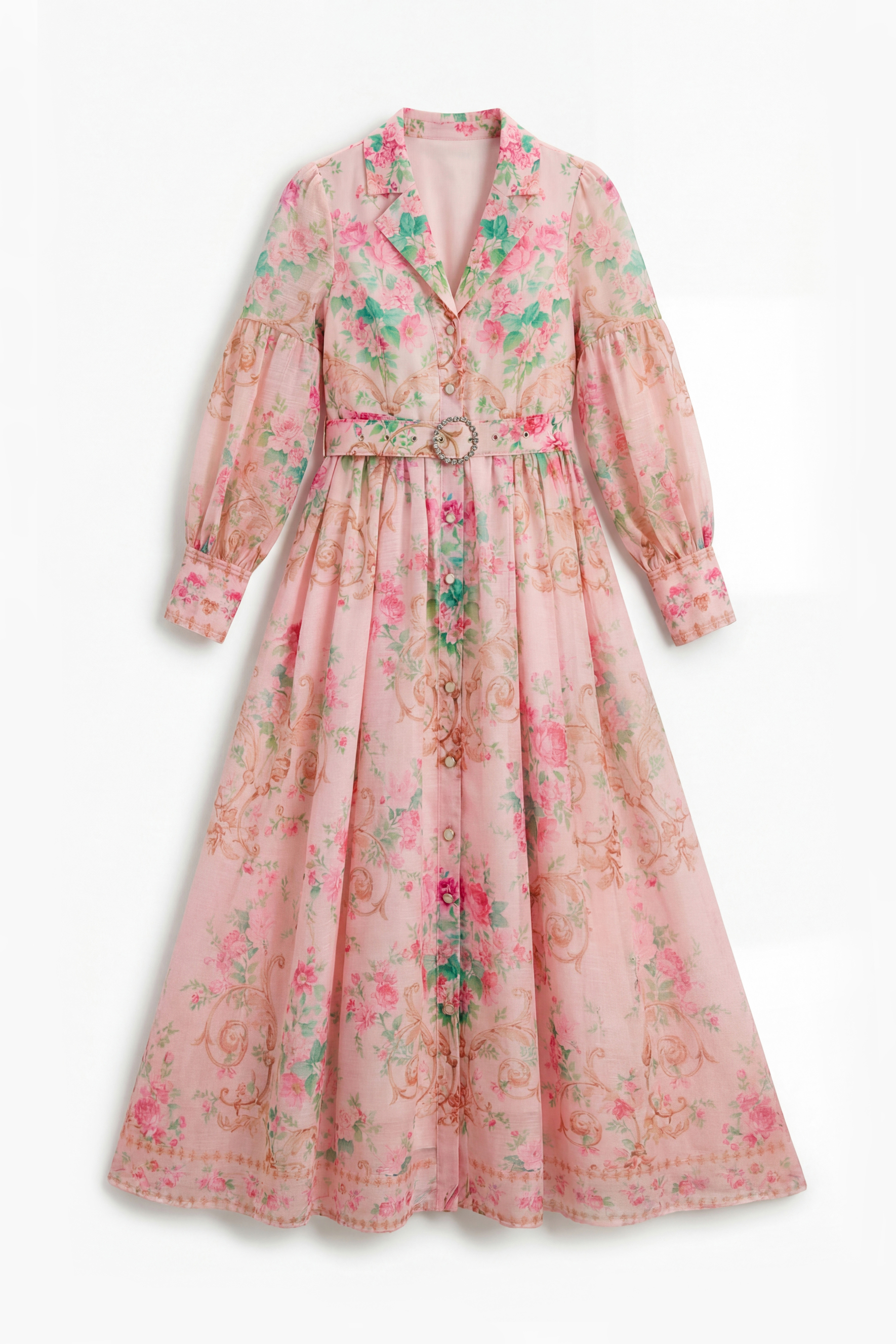 Vivid Daydream Pink Floral Print Rhinestone Belt Maxi Dress