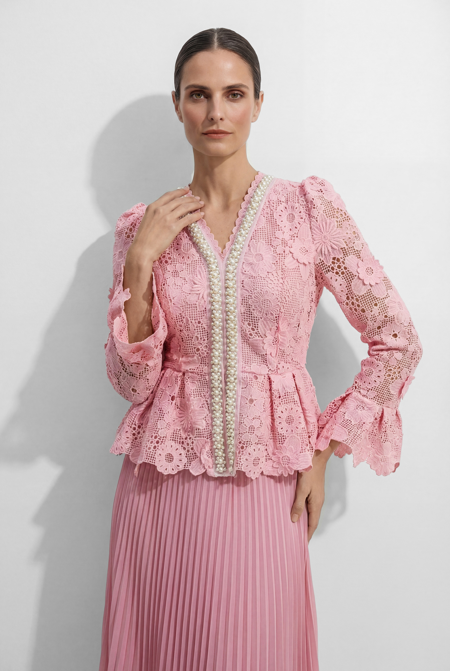 Dreamy Date Pink Floral Lace Pearl Trim Top & Pleated Skirt Set