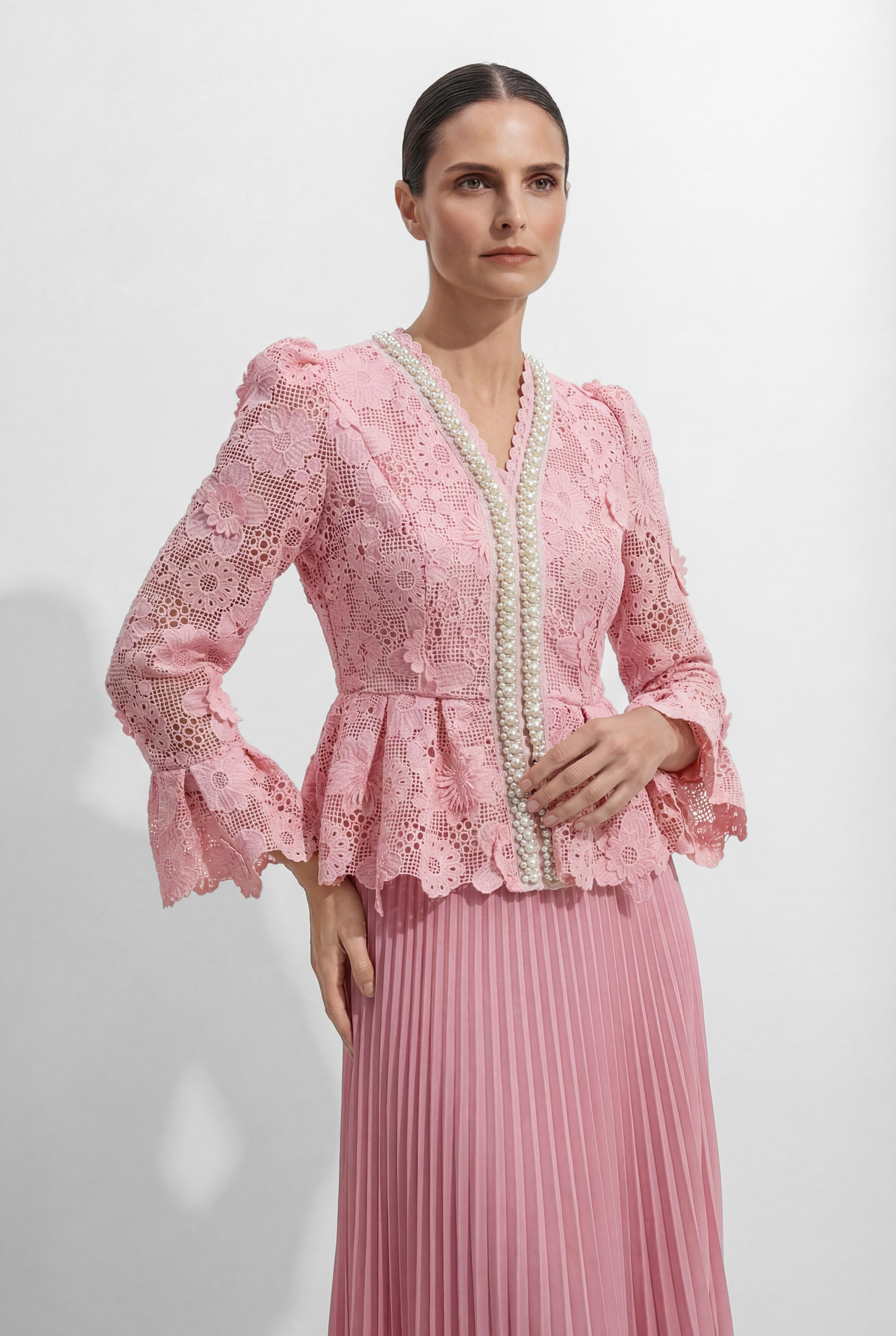 Dreamy Date Pink Floral Lace Pearl Trim Top & Pleated Skirt Set