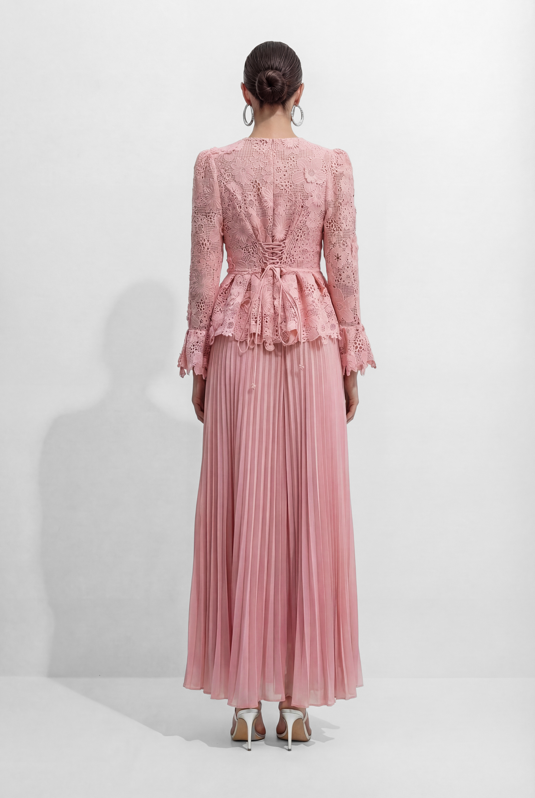 Dreamy Date Pink Floral Lace Pearl Trim Top & Pleated Skirt Set