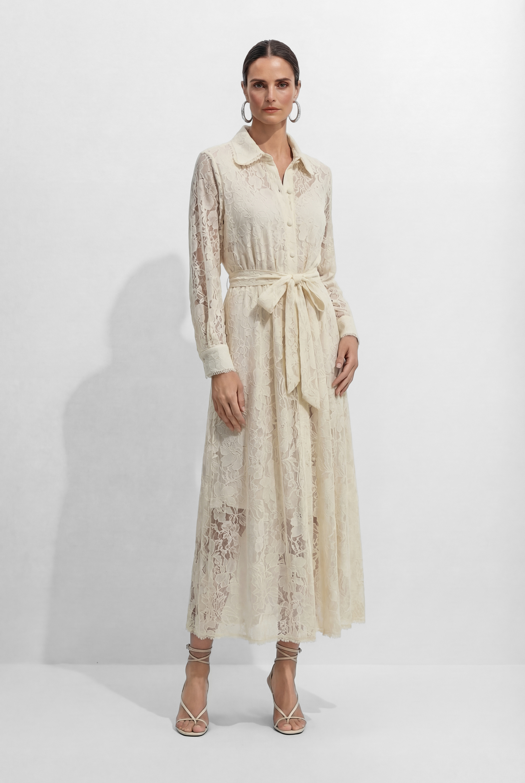 Amazing Evening Beige Lace Lapel Collar Maxi Dress