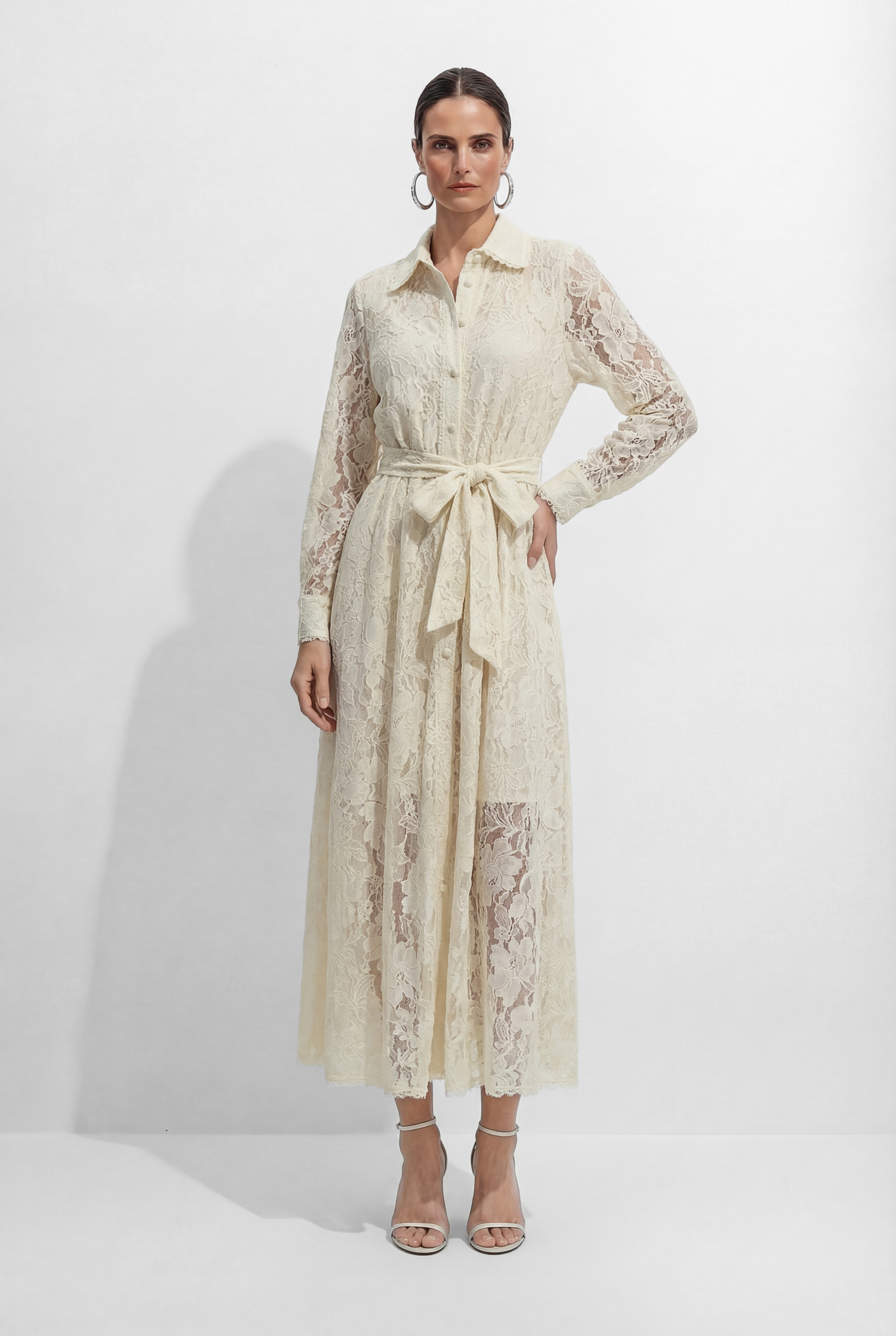 Amazing Evening Beige Lace Lapel Collar Maxi Dress