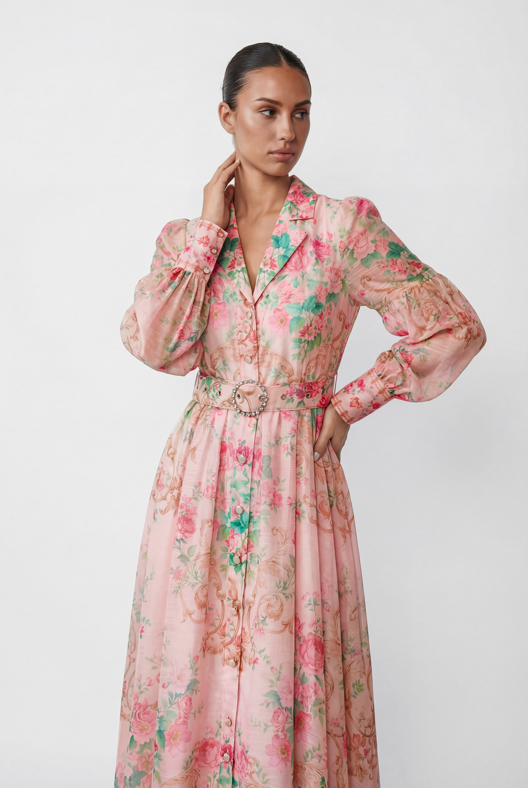Vivid Daydream Pink Floral Print Rhinestone Belt Maxi Dress