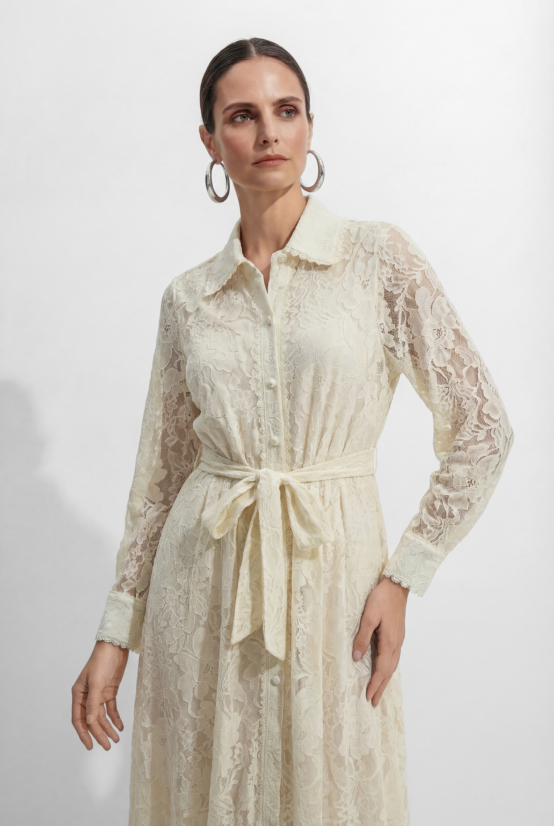 Amazing Evening Beige Lace Lapel Collar Maxi Dress