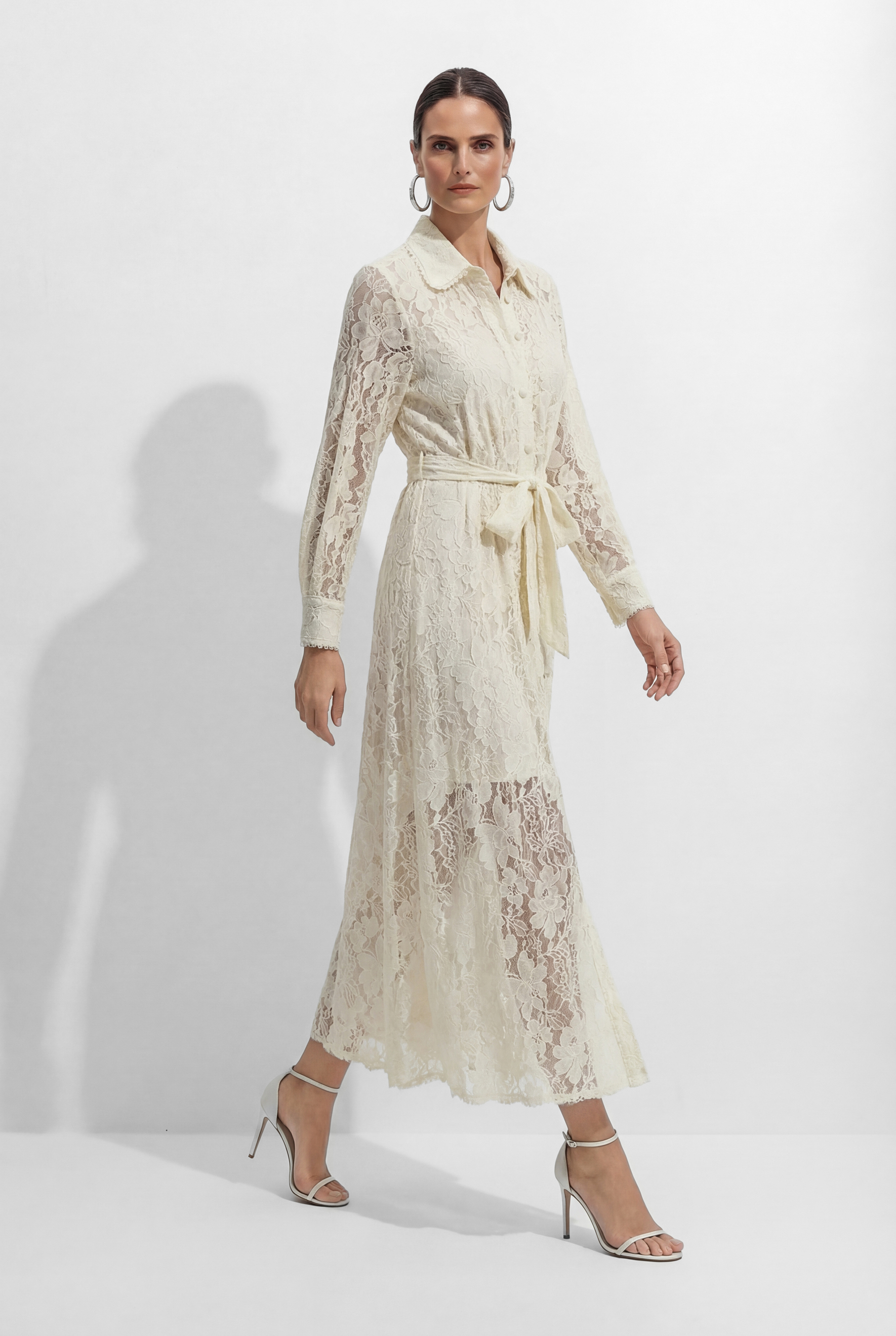 Amazing Evening Beige Lace Lapel Collar Maxi Dress