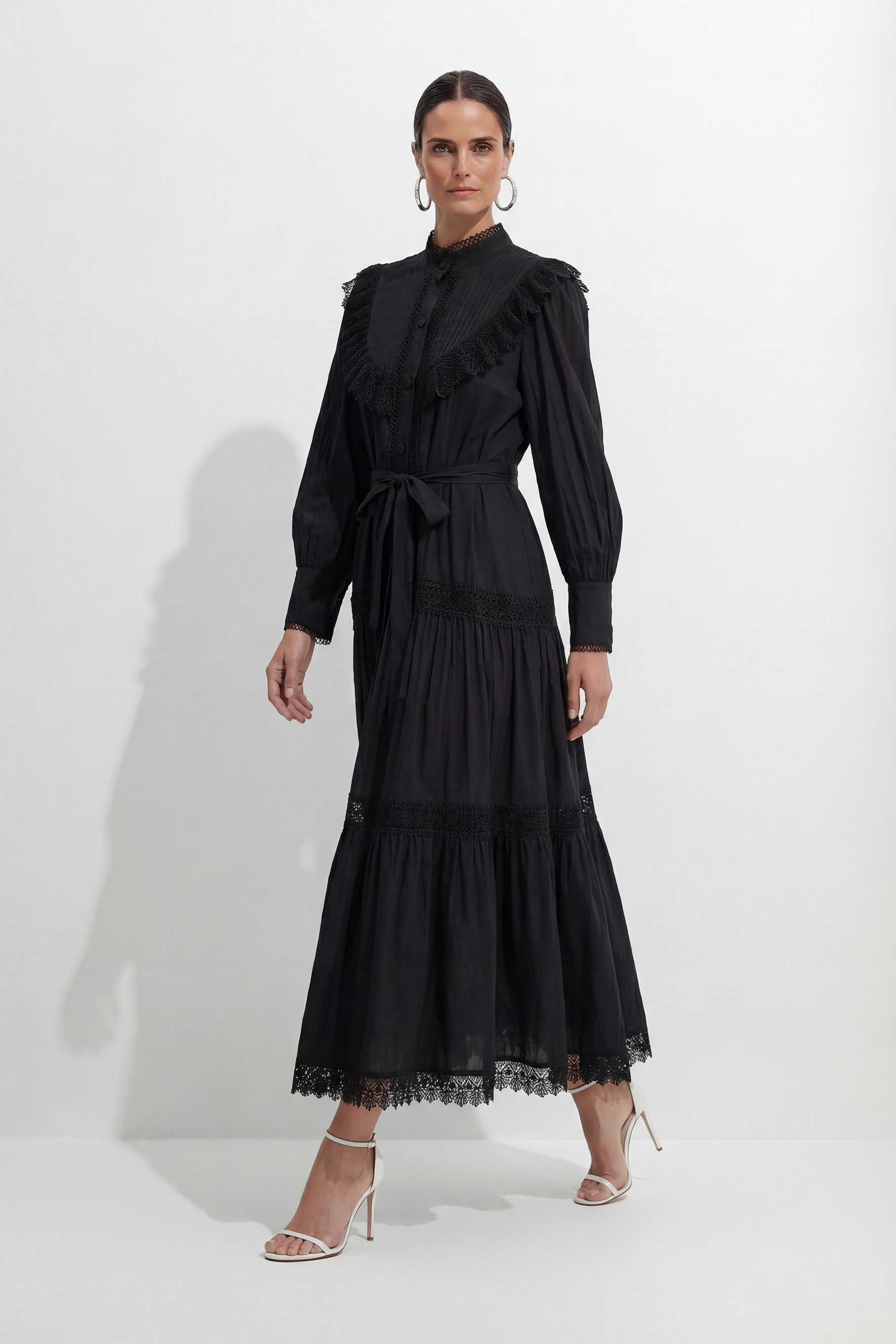 Call My Lover Black Lace Trim Long Sleeve Maxi Dress