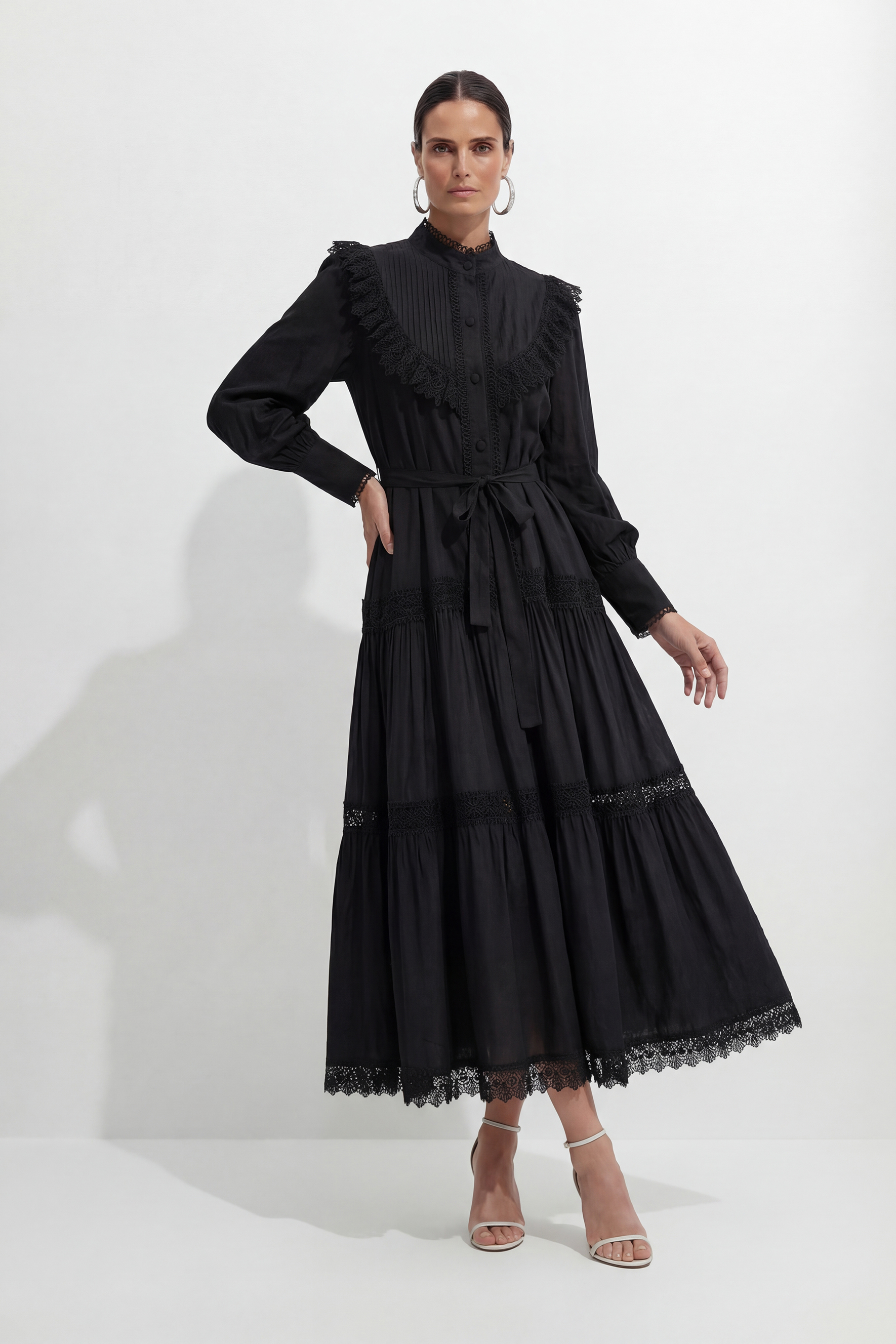 Call My Lover Black Lace Trim Long Sleeve Maxi Dress