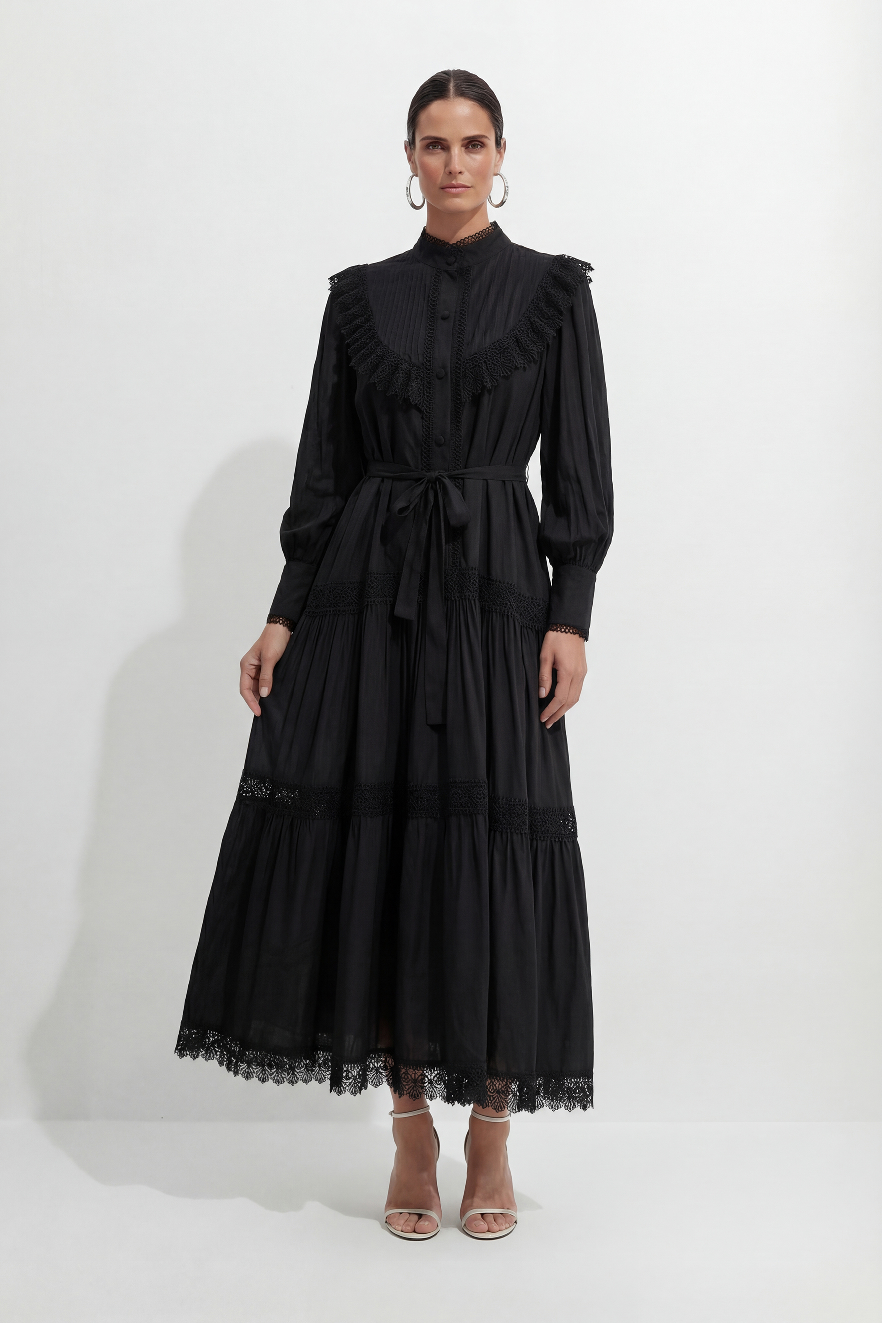 Call My Lover Black Lace Trim Long Sleeve Maxi Dress