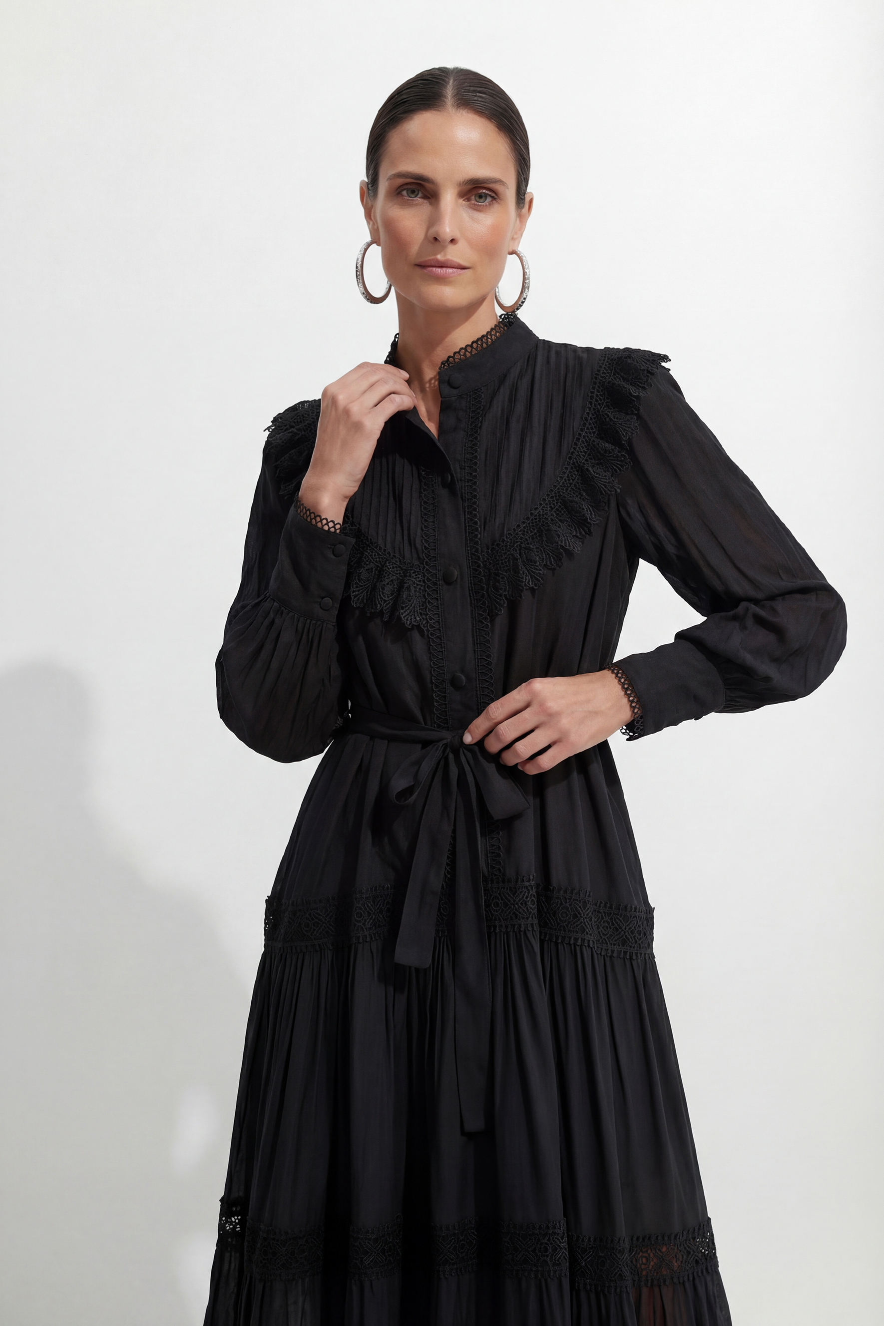 Call My Lover Black Lace Trim Long Sleeve Maxi Dress