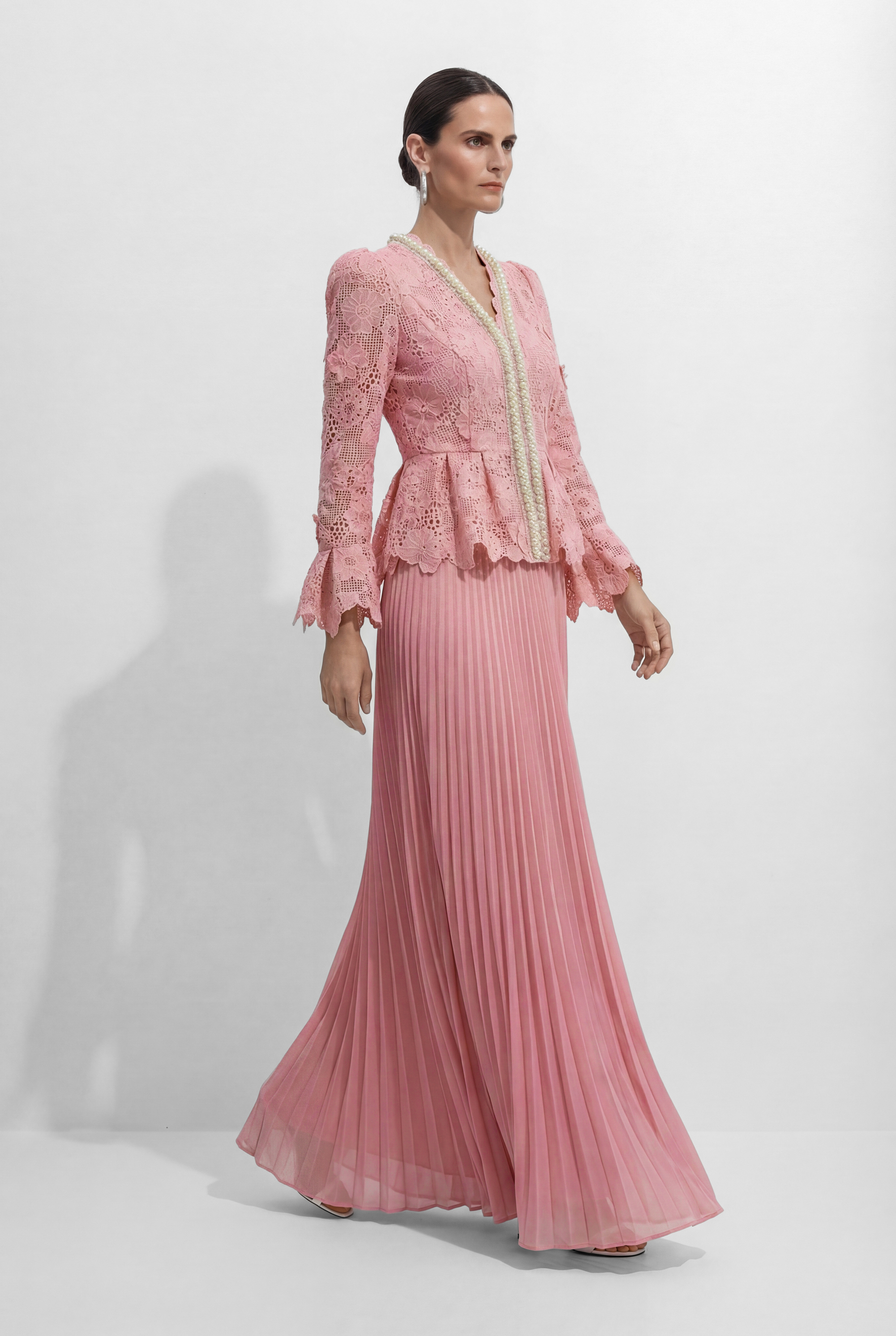 Dreamy Date Pink Floral Lace Pearl Trim Top & Pleated Skirt Set