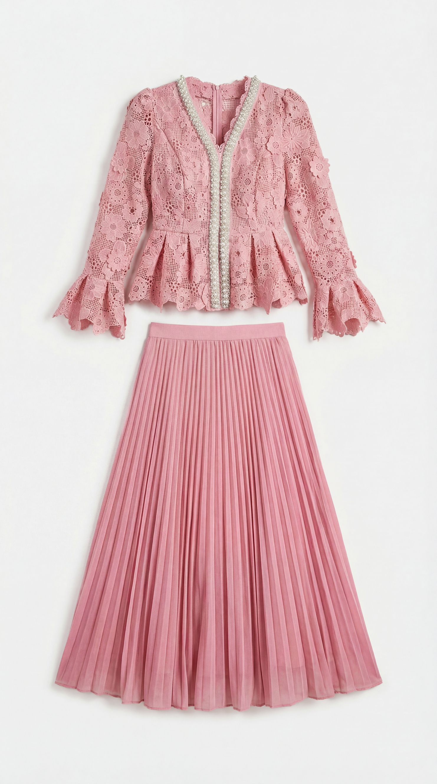 Dreamy Date Pink Floral Lace Pearl Trim Top & Pleated Skirt Set