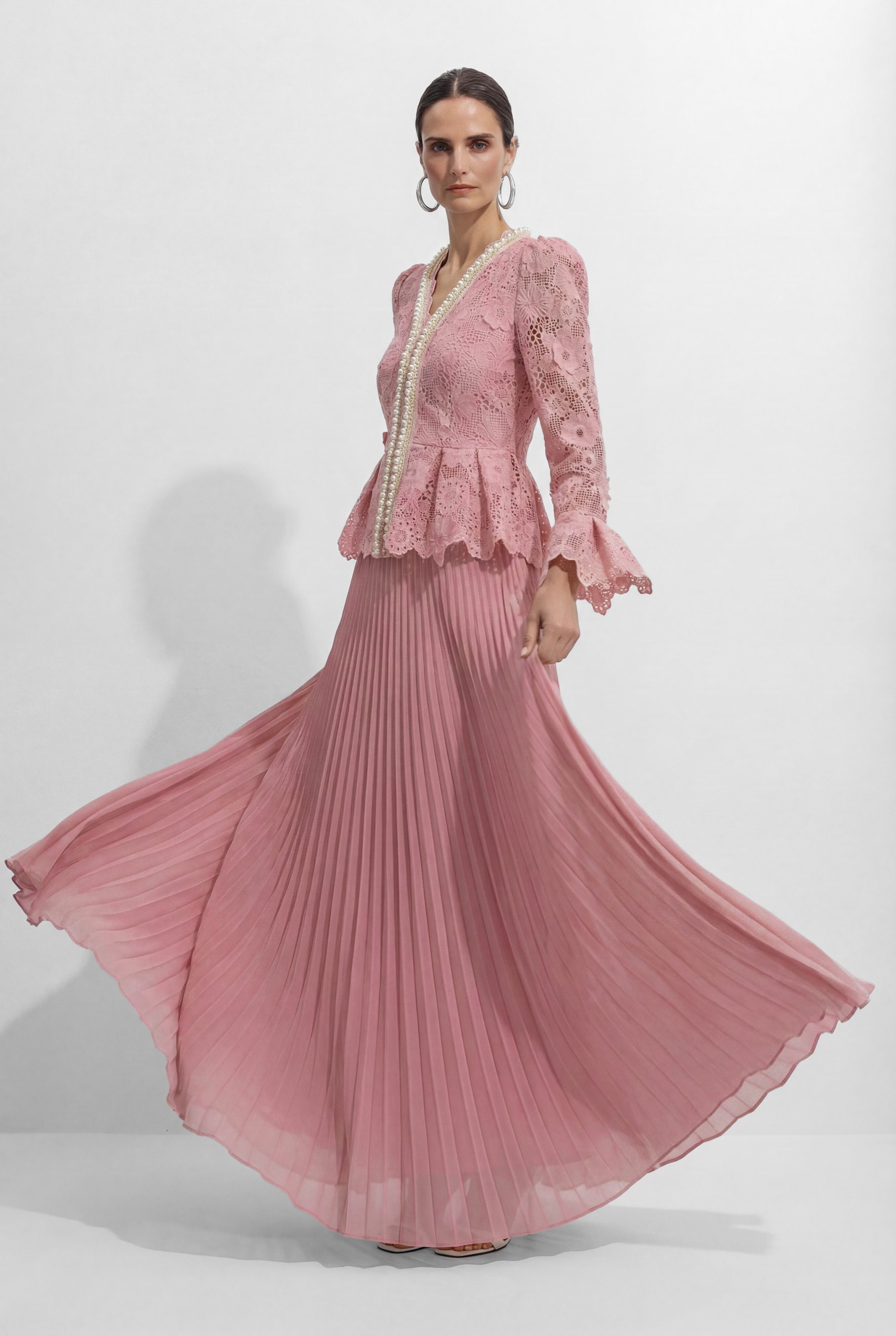 Dreamy Date Pink Floral Lace Pearl Trim Top & Pleated Skirt Set