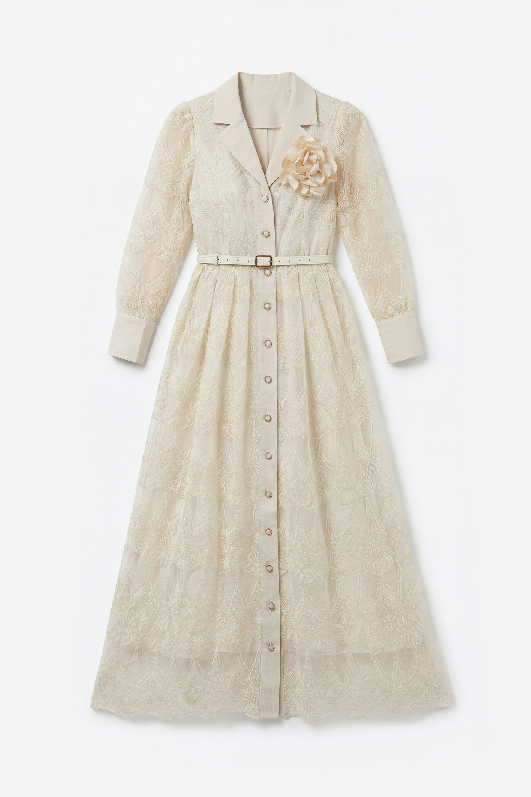 Living With Grace Beige Lapel Collar Lace Maxi Dress