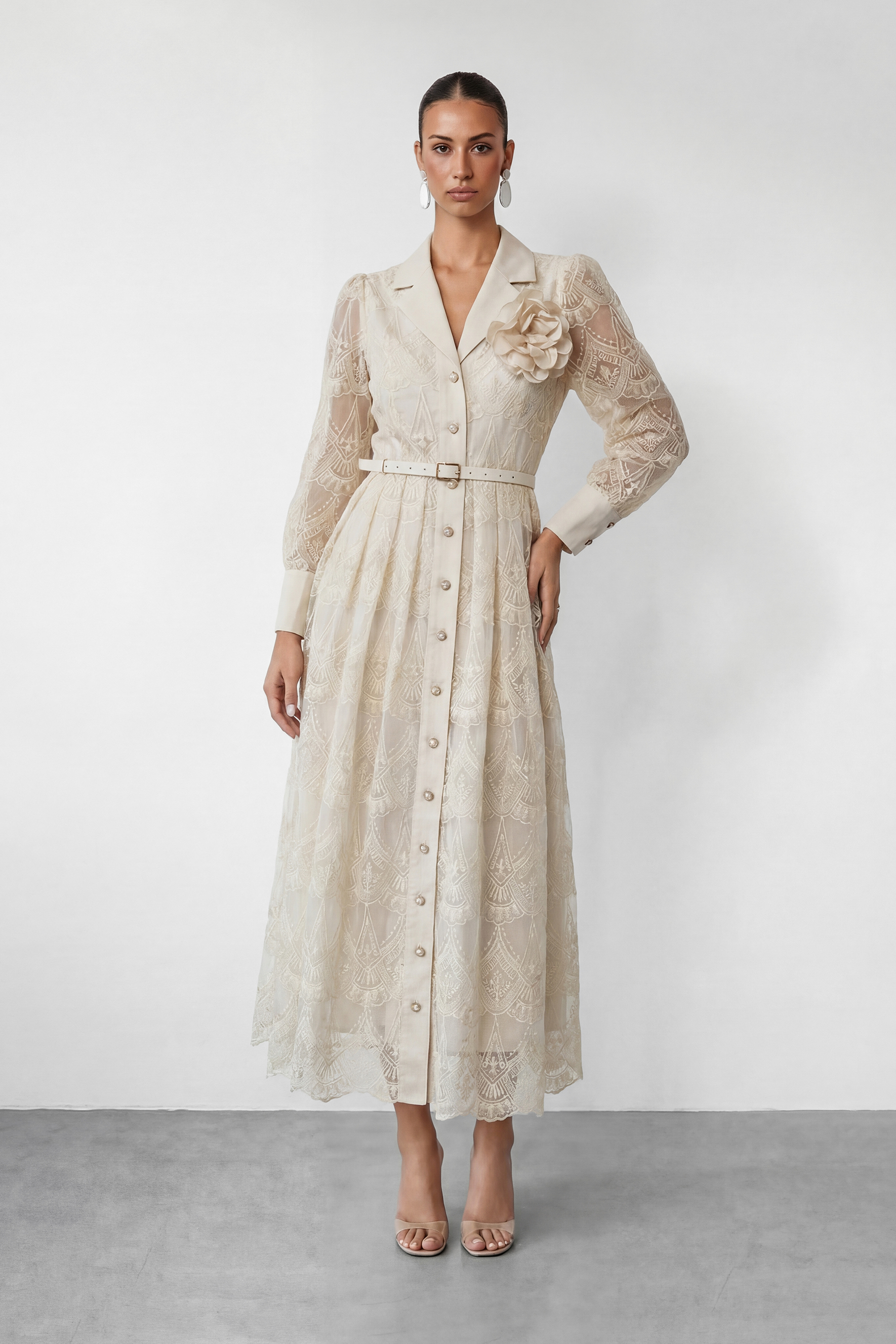 Living With Grace Beige Lapel Collar Lace Maxi Dress