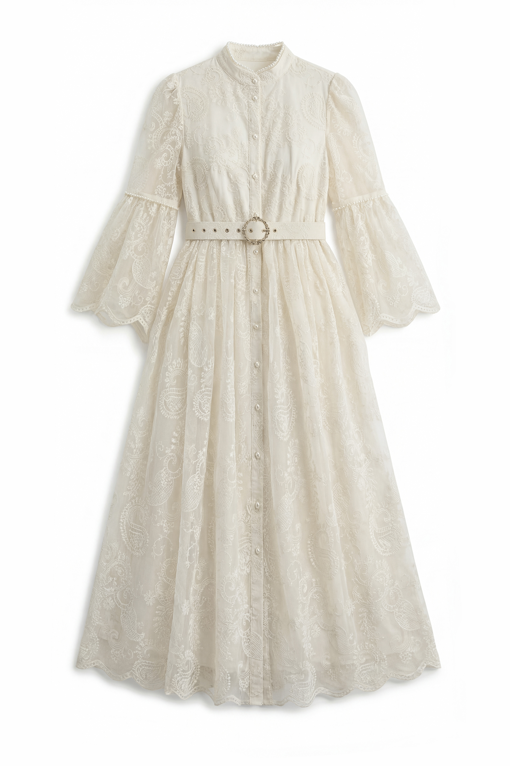 Admirable Elegance Beige Lace Embroidered Sheer Sleeve Maxi Dress