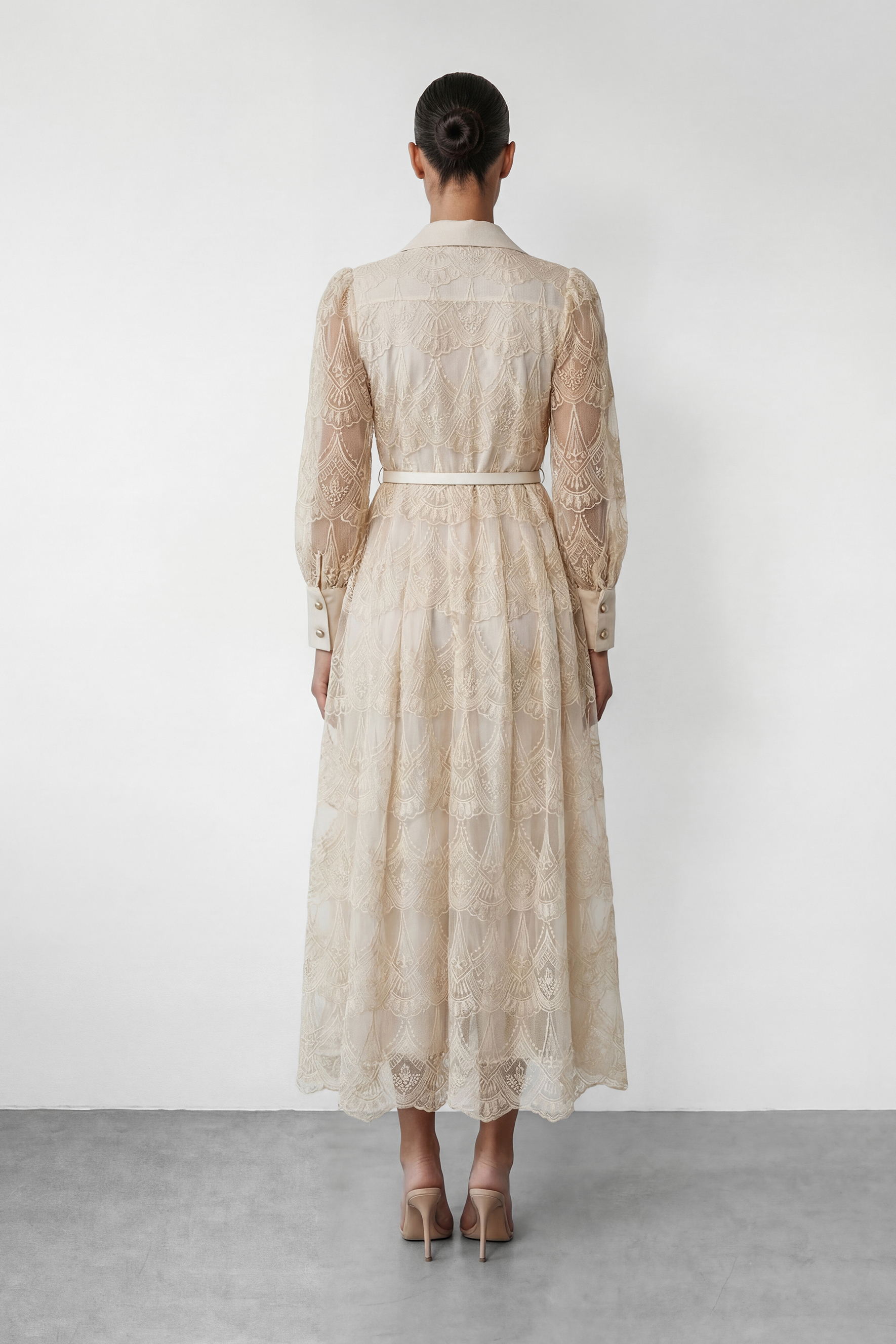 Living With Grace Beige Lapel Collar Lace Maxi Dress