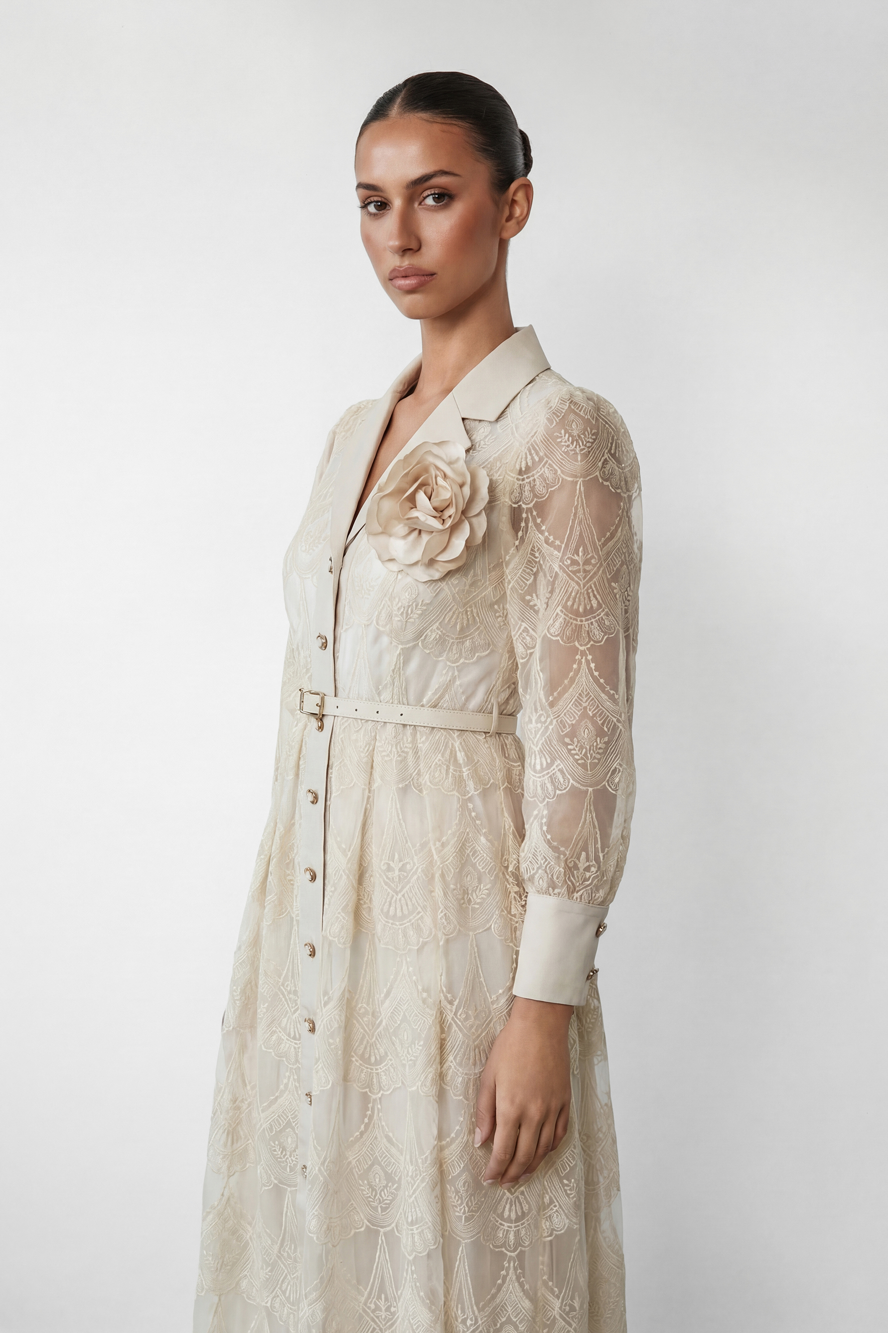 Living With Grace Beige Lapel Collar Lace Maxi Dress
