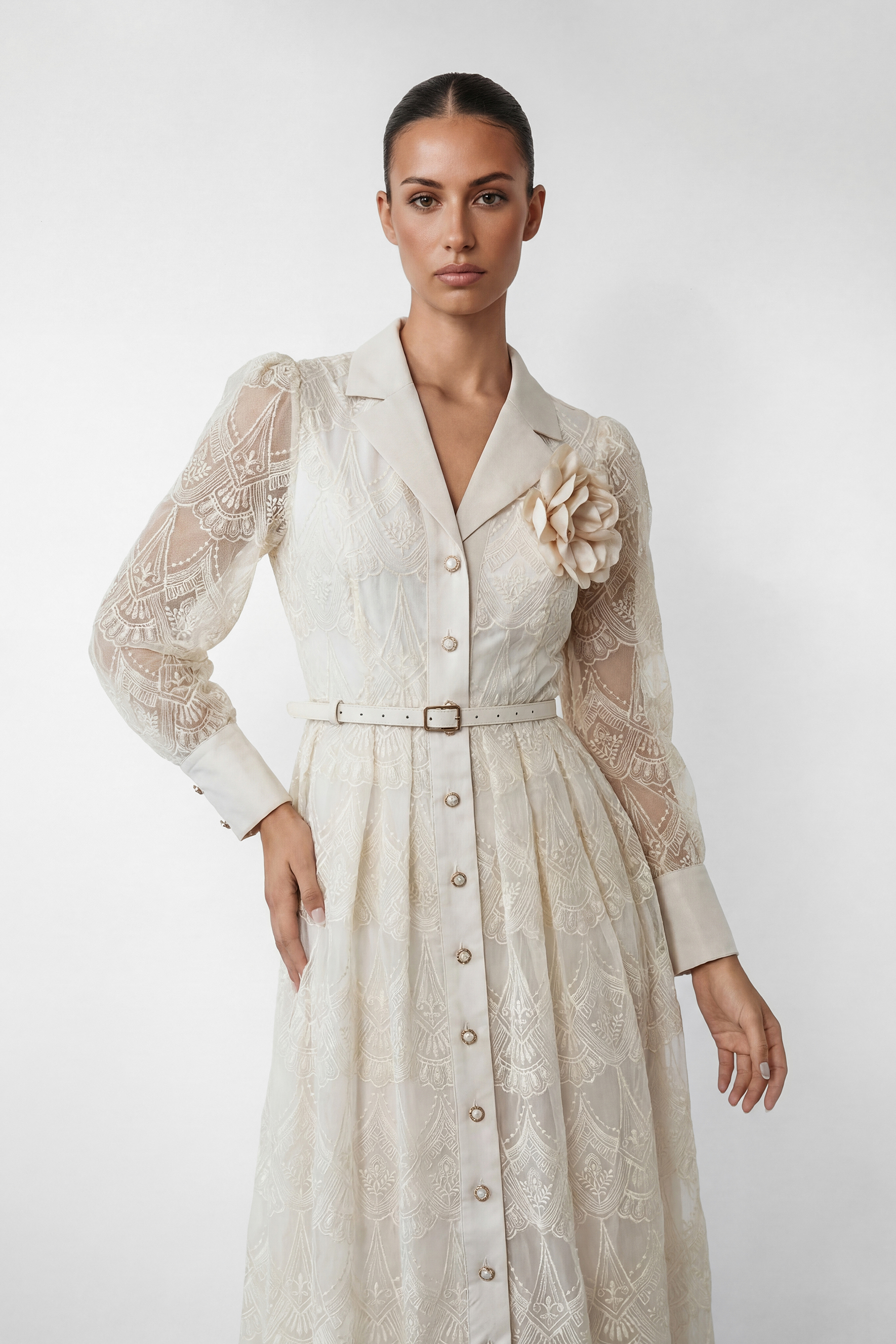 Living With Grace Beige Lapel Collar Lace Maxi Dress
