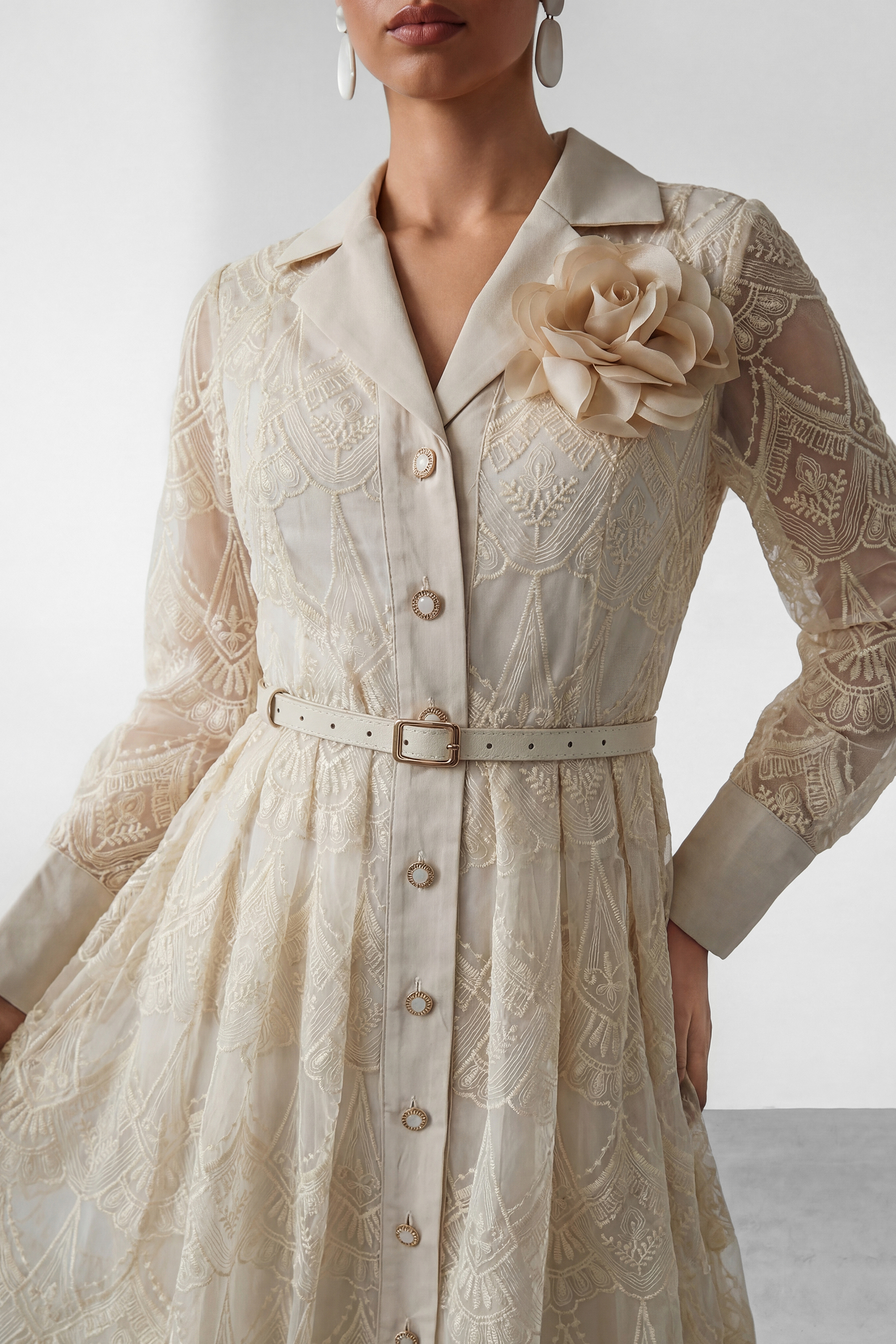 Living With Grace Beige Lapel Collar Lace Maxi Dress