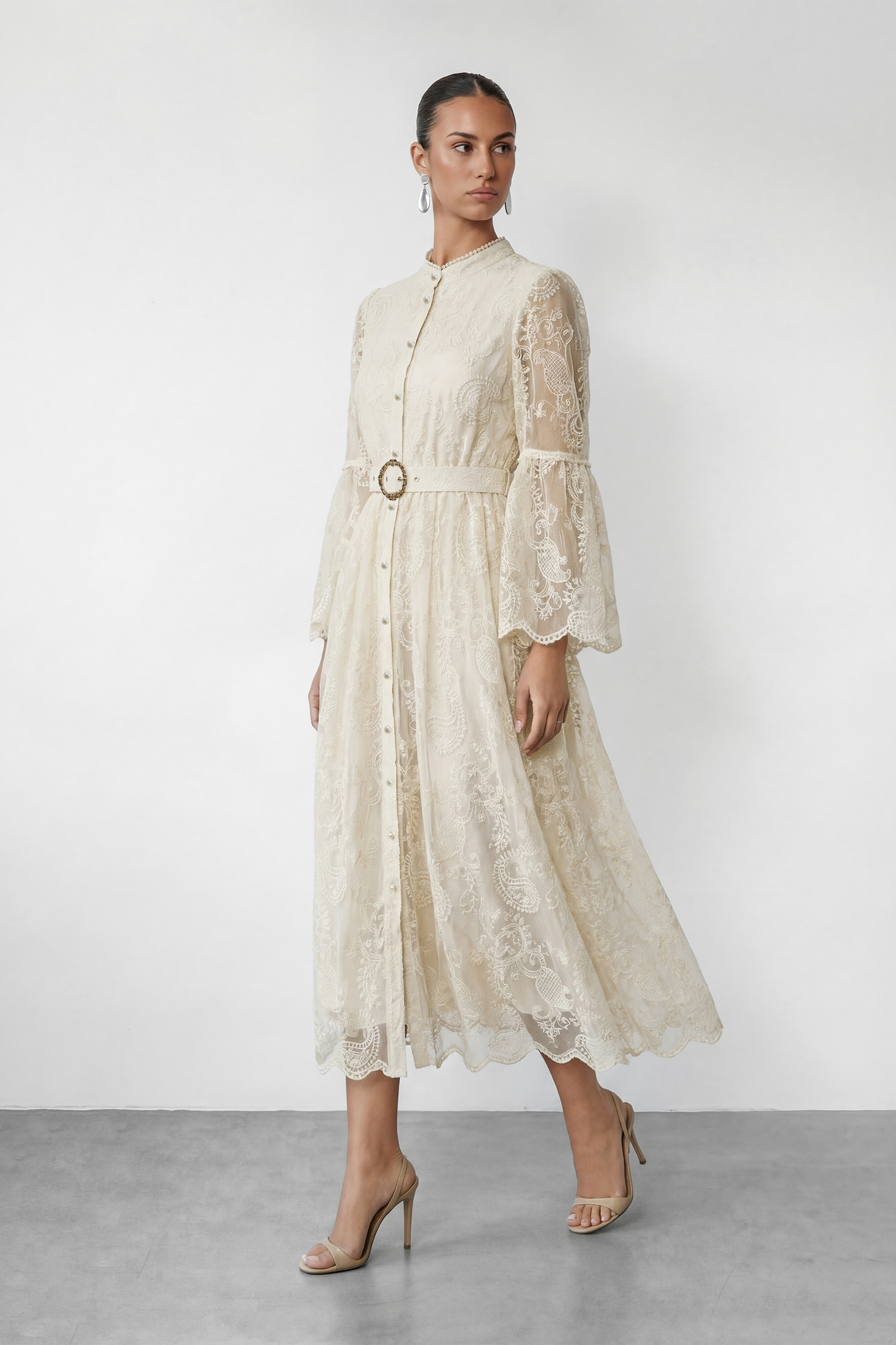 Admirable Elegance Beige Lace Embroidered Sheer Sleeve Maxi Dress