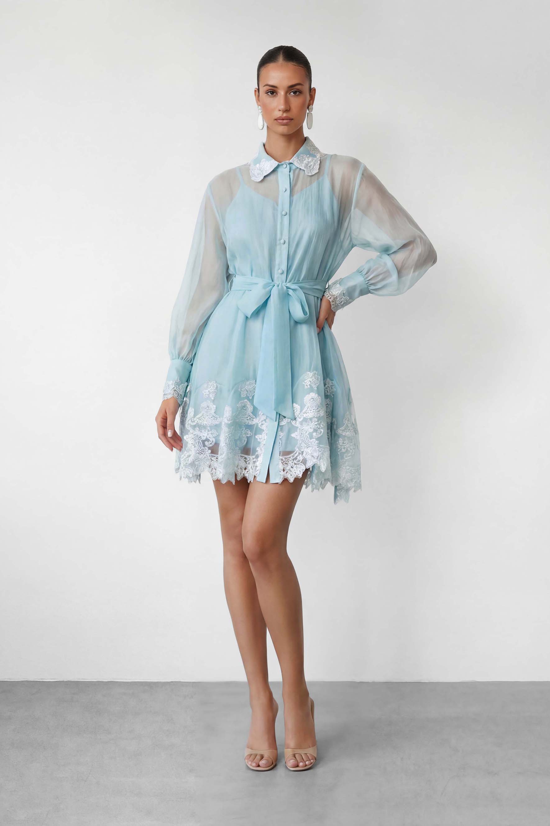 Blooming Love Blue Puff Sleeve Lace Trim Mini Dress