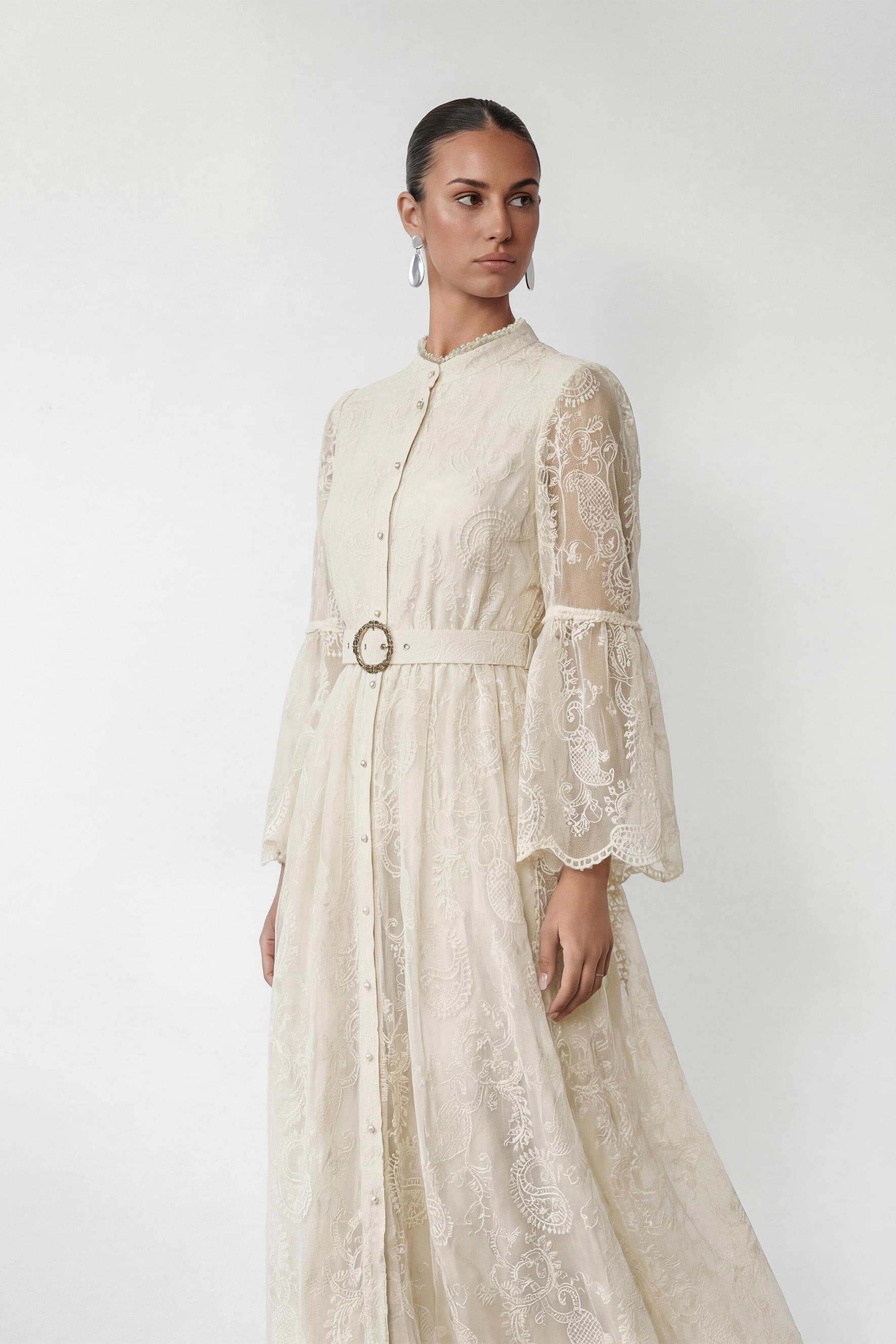 Admirable Elegance Beige Lace Embroidered Sheer Sleeve Maxi Dress
