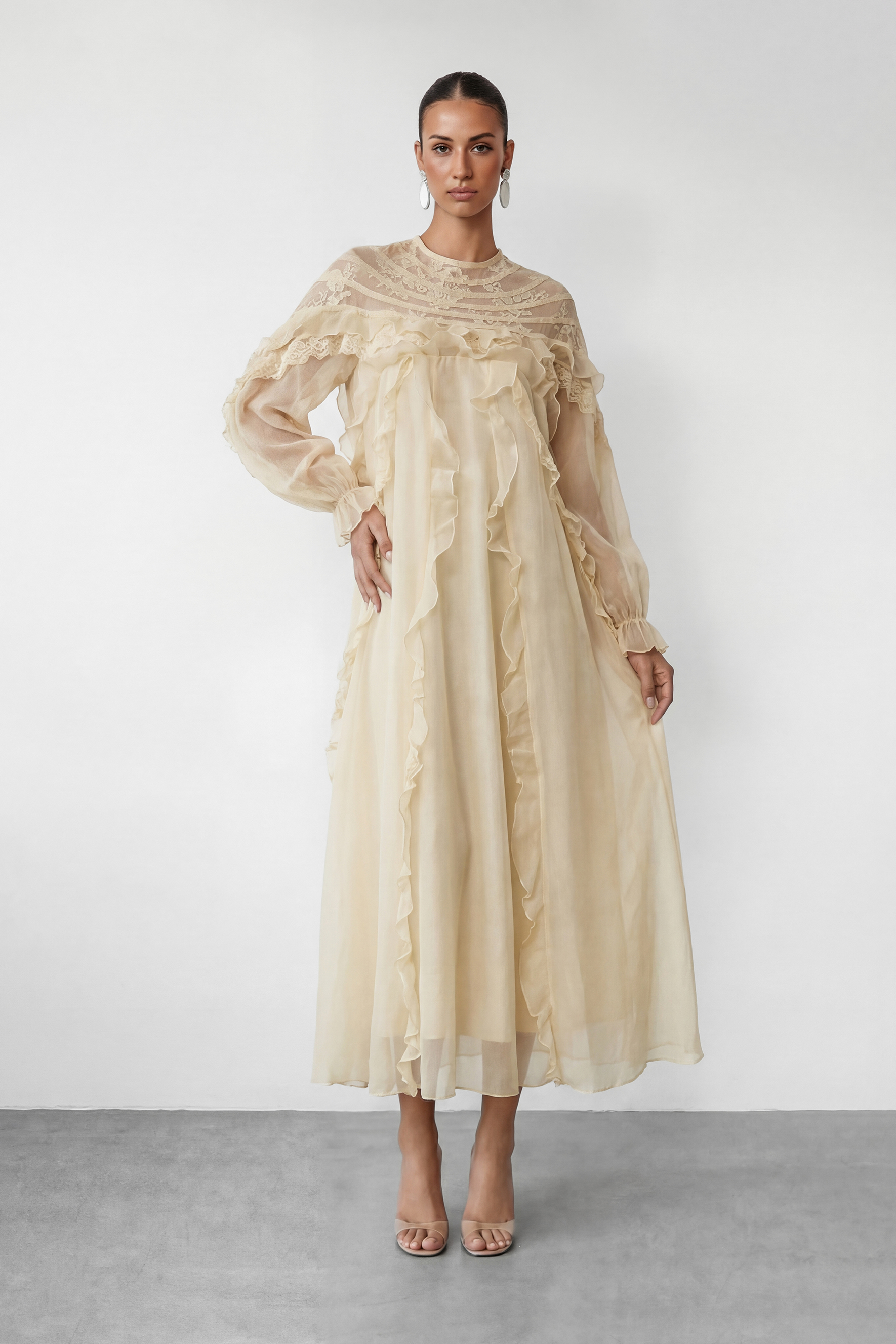 Lovely Day Beige Ruffle Belted Maxi Dress