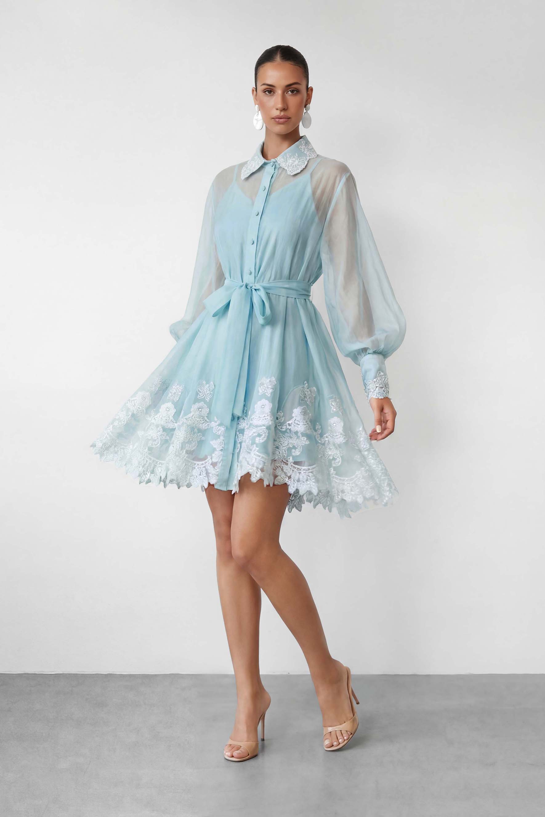 Blooming Love Blue Puff Sleeve Lace Trim Mini Dress