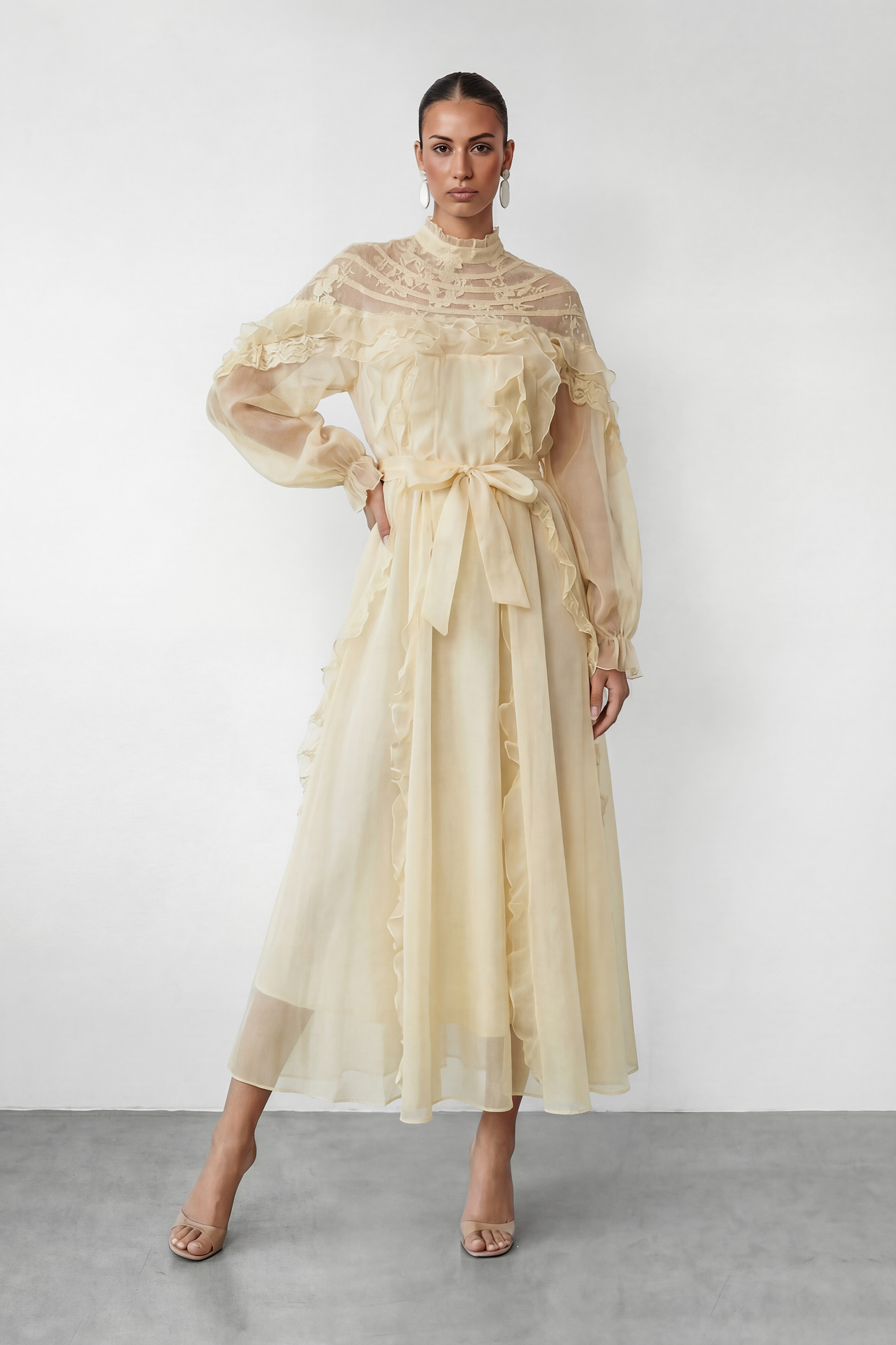 Lovely Day Beige Ruffle Belted Maxi Dress